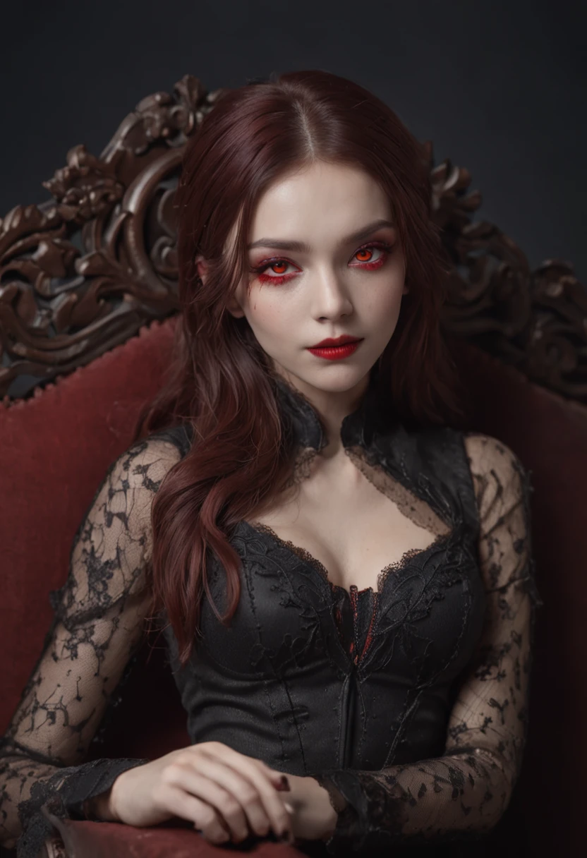 8K raw photo, Best quality, masterpiece, ultra high res,colorful,(photorealistic:1.4),Vampires,Scarlet,red eyes,raw photo, neonlight\(ttp\),1girl,solo,(perfect body shape),evil and beautiful, playful, smile, red eyes, (blood), dynamic angle, lying on throne, mystical, fanatic, intricate, surreal, delicate, wearing armored gothic dress,cinematic lighting, perfect face,detailed eyes,face