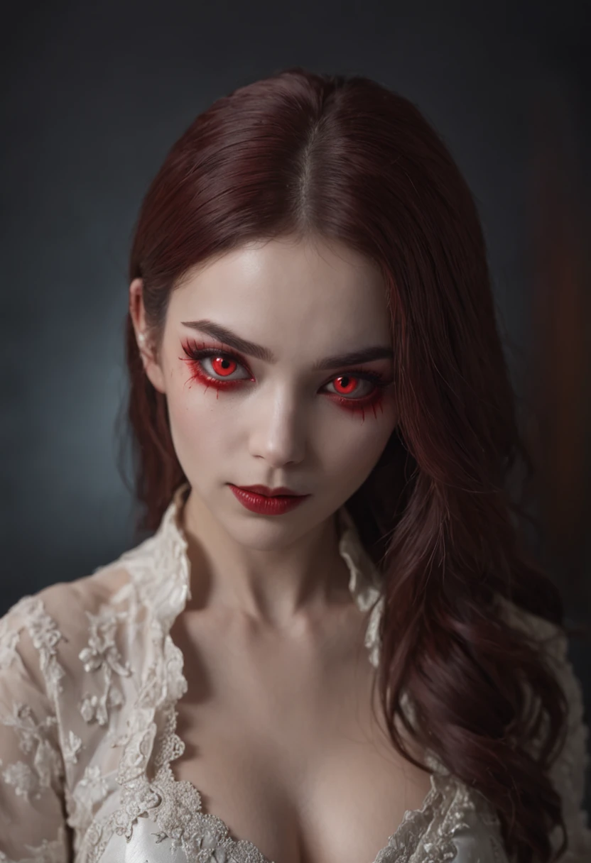 8K raw photo, Best quality, masterpiece, ultra high res,colorful,(photorealistic:1.4),Vampires,Scarlet,red eyes,raw photo, neonlight\(ttp\),1girl,solo,(perfect body shape),evil and beautiful, playful, smile, red eyes, (blood), dynamic angle, lying on throne, mystical, fanatic, intricate, surreal, delicate, wearing armored gothic dress,cinematic lighting, perfect face,detailed eyes,face