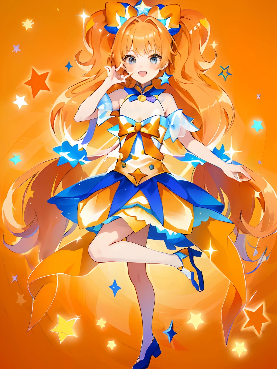 Cartoon image of a boy in a star dress, Cool, Official art, Boy in orange and yellow and violet costume, !!Full body portrait!!, official artwork, marin kitagawa fanart, Beautiful, He has long orange-brown twin-tailed hair, Sparkling Magical Boy, golden aura