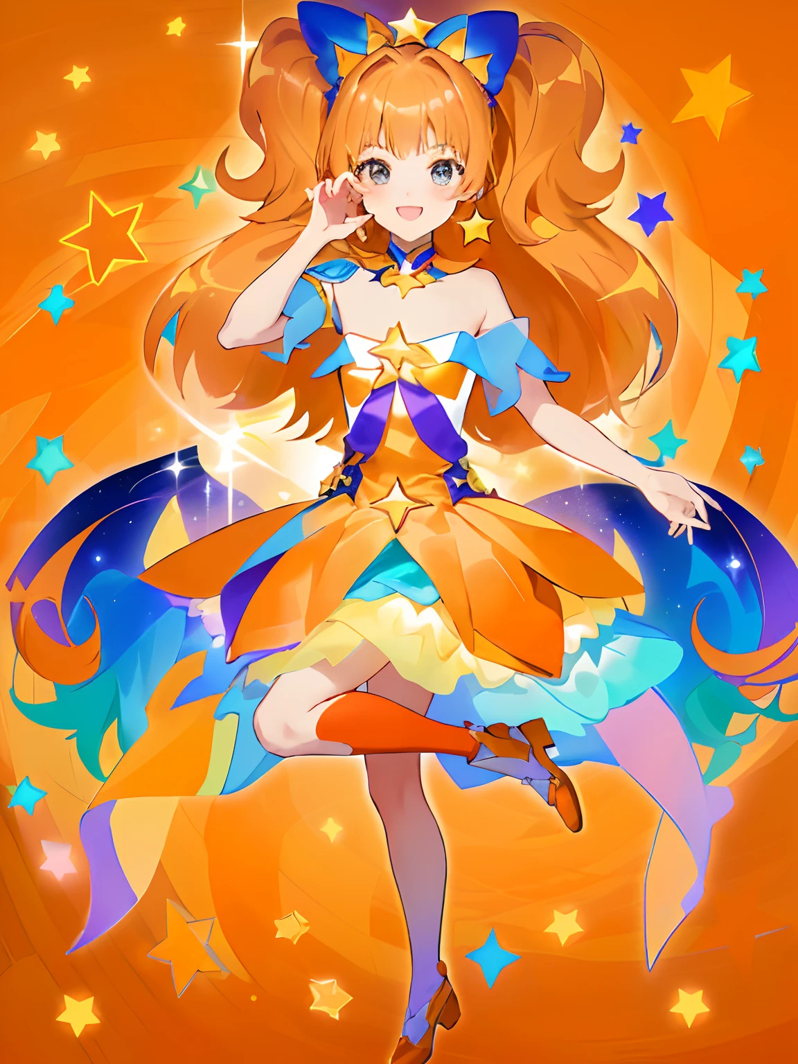 Cartoon image of a boy in a star dress, Cool, Official art, Boy in orange and yellow and violet costume, !!Full body portrait!!, official artwork, marin kitagawa fanart, Beautiful, He has long orange-brown twin-tailed hair, Sparkling Magical Boy, golden aura