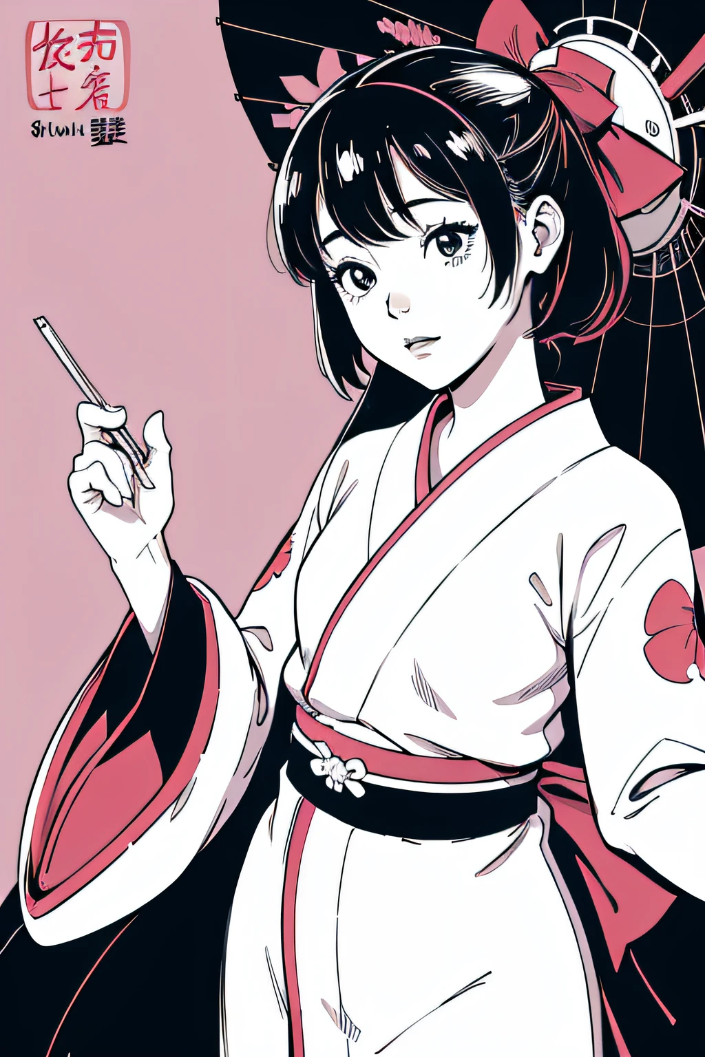 jpn_hi-school girl、Kimono,actionpose、cheerfully、Overflowing、ink art、((top-quality、8K、​masterpiece:1.3))、(Clear focus:1.2)、(comic book style),(Pop),(linear art_Anime)、(PastelColors:1.2),((monotone_High Contrast Art:1.2))、flat chest、(the complex background:1.2),(Lola:add more details:1.2)、sharp outline、sharp lineart、Old Japan cityscape background