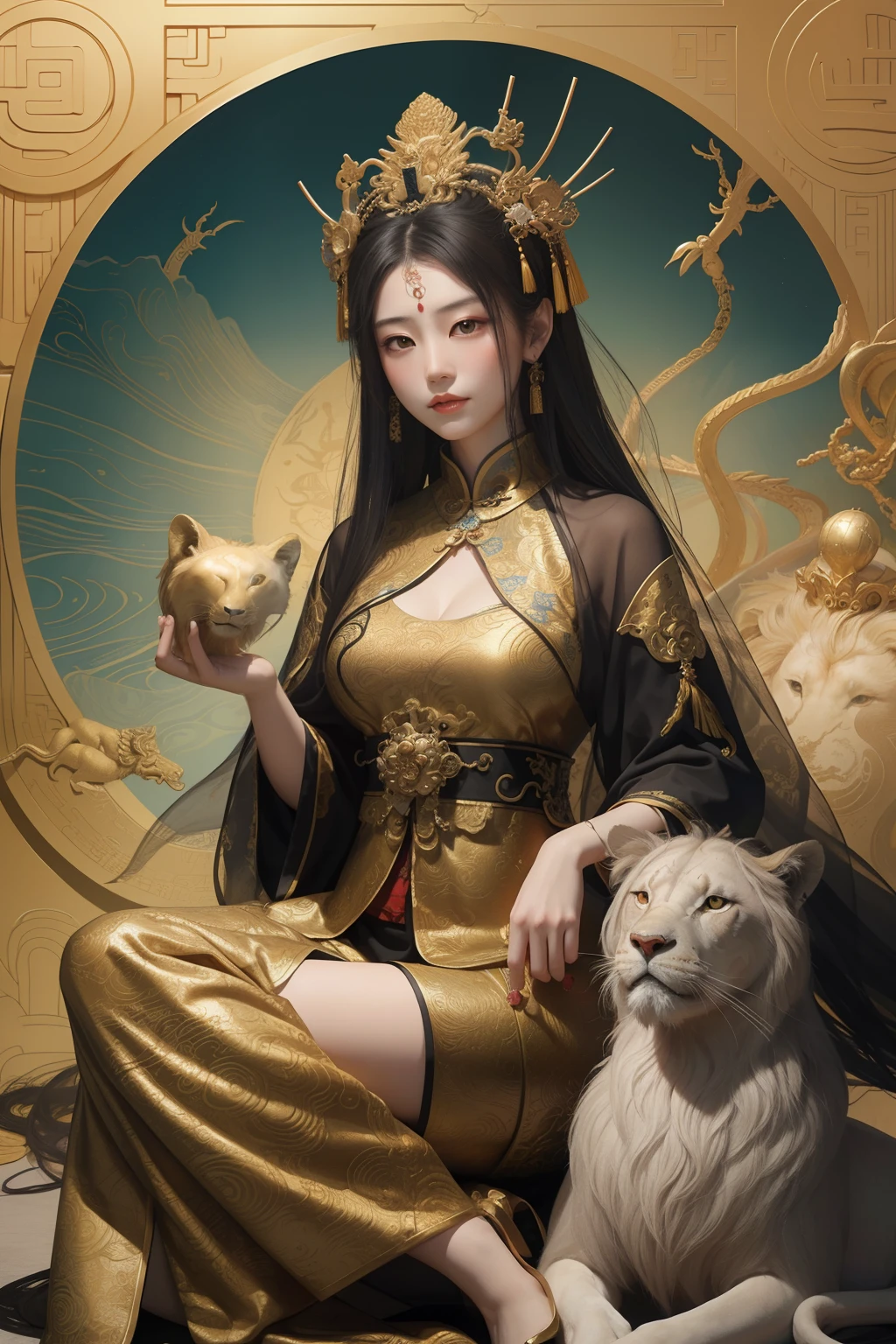 an ancient Chinese goddess, guanyin of the southern seas, Guanyin, Inspired by China, Avalokiteshvara rides a lion,,Serene expression,shui mo hua,Buddha,Buddhist,Lotus,Chinese painting style,Thangka style