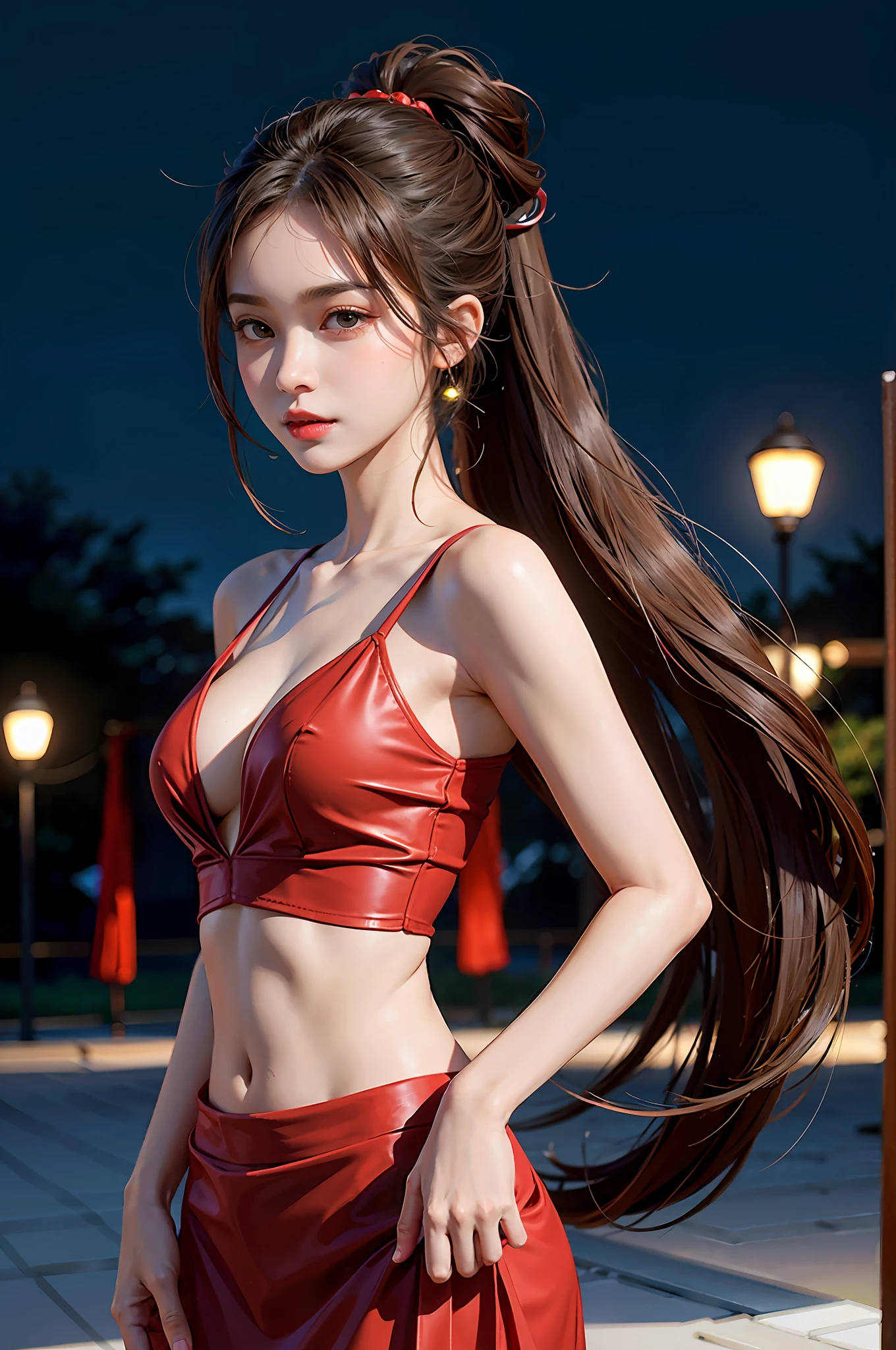 best qualtiy,sface focus,Look at the audience head-on,the soft light,(depth of fields),超高分辨率,(Photorealsitic:1.4),RAW photos,Bigchest,Red clothes,Open navel,Bare shoulders,By bangs,Long ponytail hairstyle,(sportrait:1.4),(From the front side)1girll,独奏,adolable,(Shy,ssmile:1.1),(with brown eye),Detailed beautiful face,(mid day_Hair), moon in the night,Walk,(off-the-shoulder shirts),
