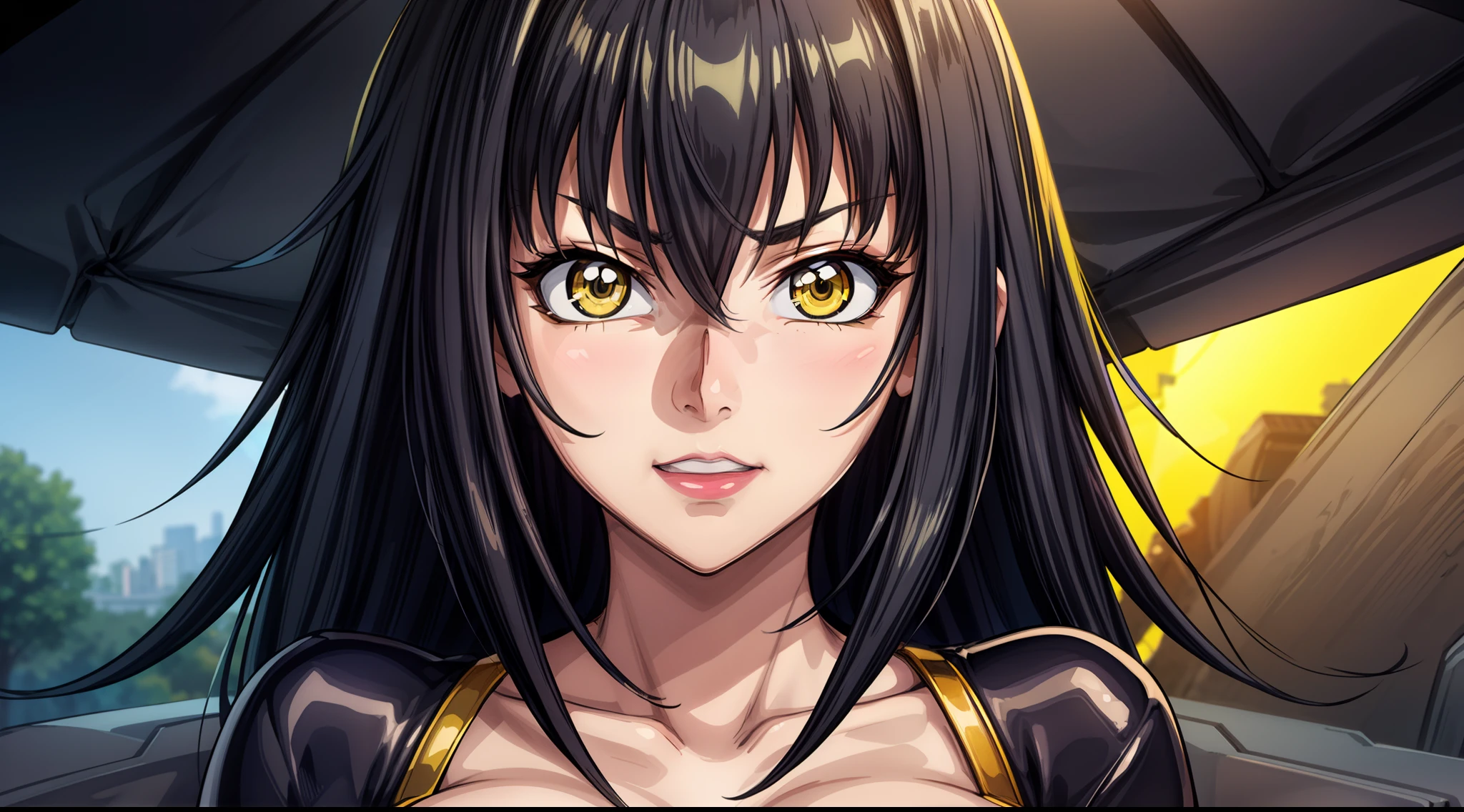 professional artwork, Intricate Details, field of view, sharp focus, detailed painting, photorealistic lighting, trending on pixiv, Standing at attention, black hair,very long hair, Bangs,yellow eyes,makeup, lipstick, 20yo,mature female,Beautiful Finger,Beautiful long legs,Beautiful body,Beautiful Nose,Beautiful character design, perfect eyes, perfect face, looking at viewer, NSFW,official art,extremely detailed CG unity 8k wallpaper, perfect lighting,Colorful, Bright_Front_face_Lighting, (masterpiece:1.0),(best_quality:1.0), ultra high res,4K,ultra-detailed, photography, 8K, HDR, highres, absurdres:1.2, Kodak portra 400, film grain, blurry background, bokeh:1.2, lens flare, (vibrant_color:1.2) (Beautiful,large_Breasts:1.4), (beautiful_face:1.5),(narrow_waist), (solo:1.4), add_detail:1, (((landscape dimension)))