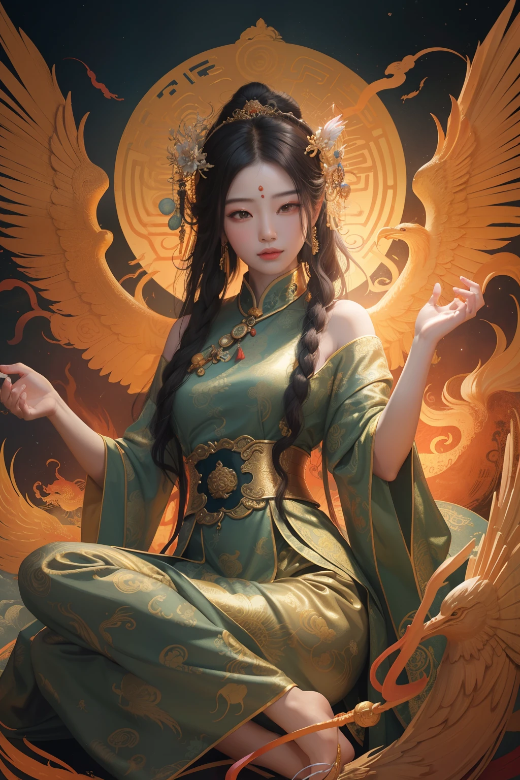 an ancient Chinese goddess, guanyin of the southern seas, Guanyin, Inspired by China, Avalokiteshvara rides a phoenix，,Serene expression,shui mo hua,Buddha,Buddhist,Lotus,Chinese painting style,Thangka style