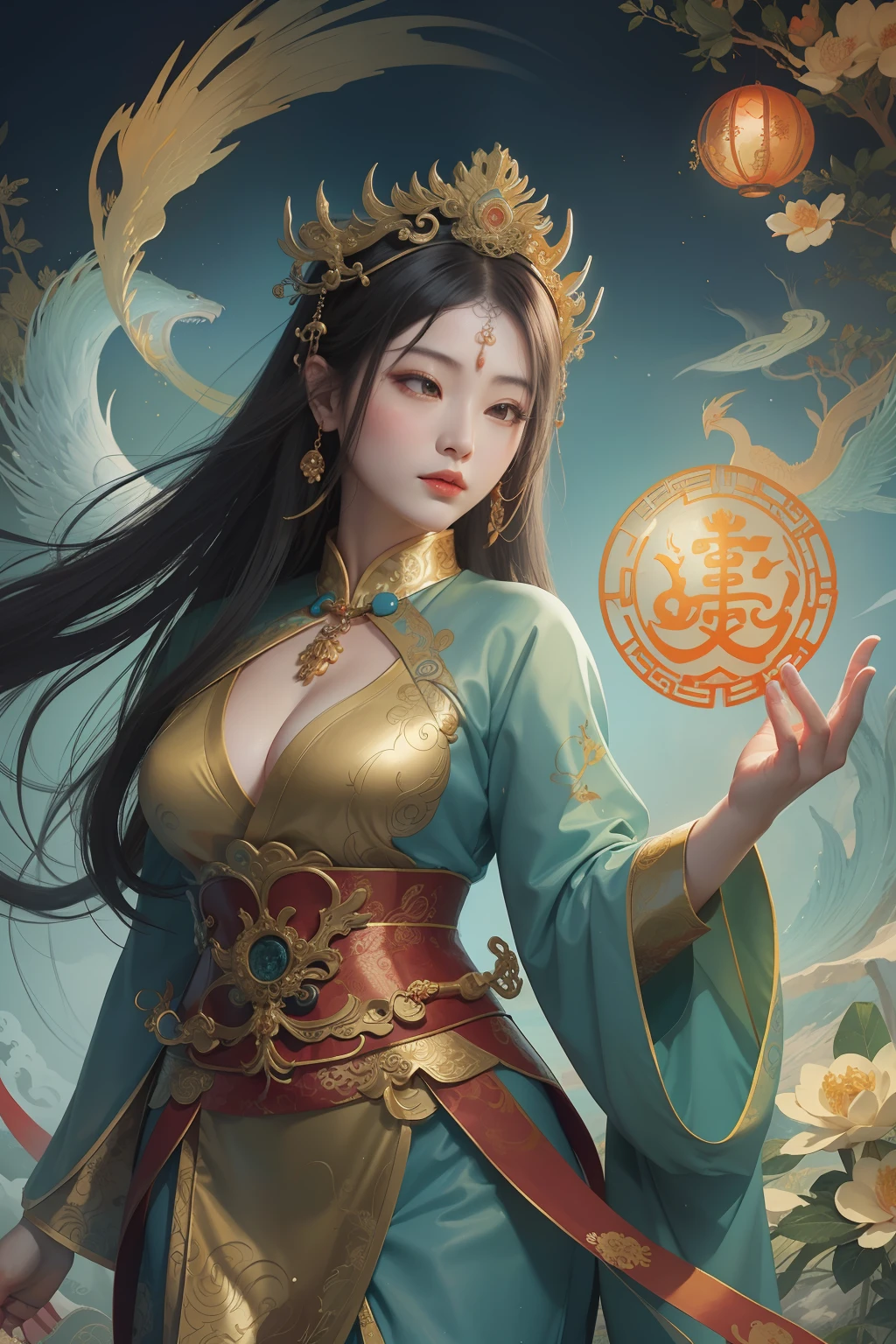an ancient Chinese goddess, guanyin of the southern seas, Guanyin, Inspired by China, Avalokiteshvara rides a phoenix,,Serene expression,shui mo hua,Buddha,Buddhist,Lotus,Chinese painting style,Thangka style