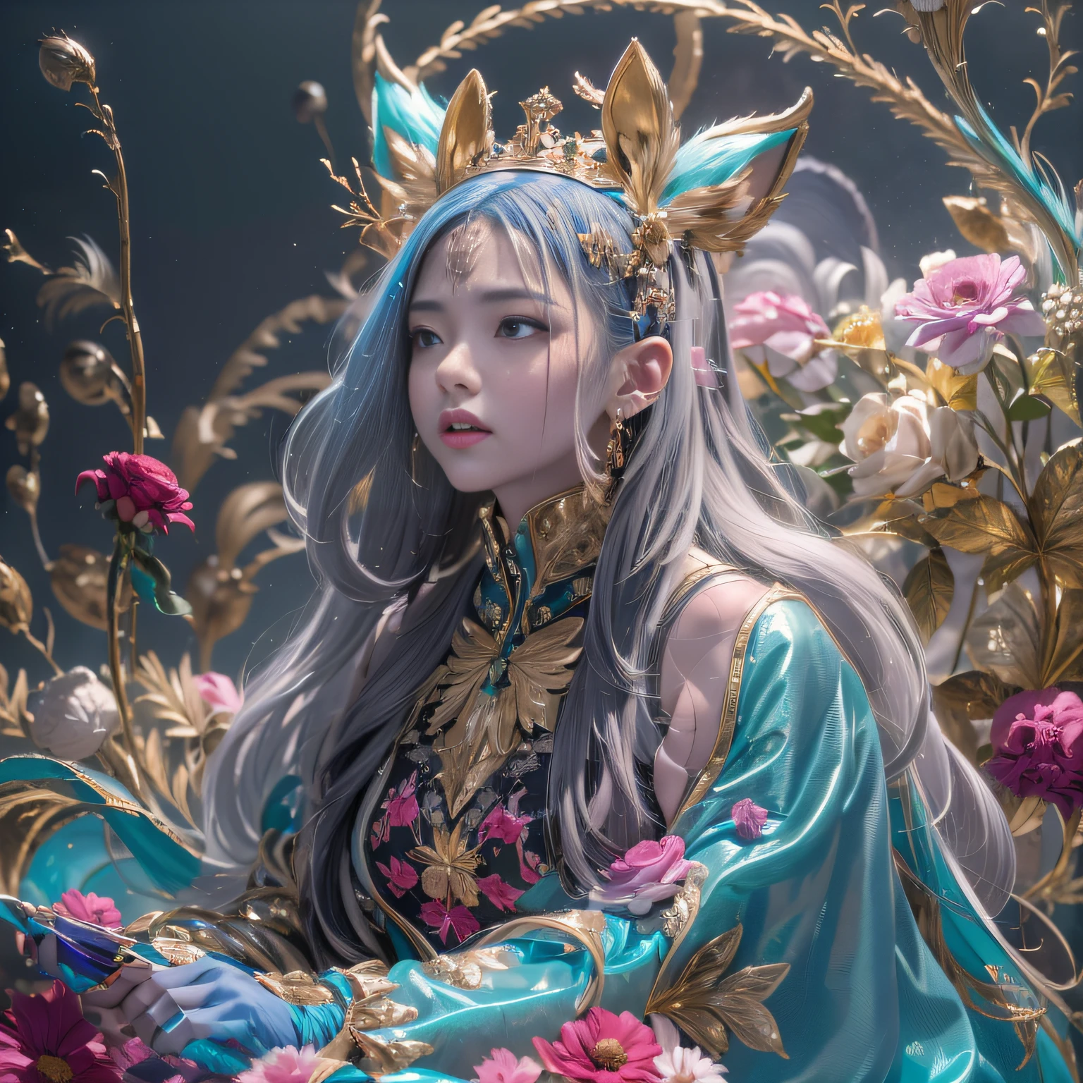 Outer Space 32K（tmasterpiece，k hd，hyper HD，32K），Long flowing light blue hair，ponds ，Mantis protector （realisticlying：1.4），Red robe with a flame pattern，Purple-pink tiara，Petals flutter，The background is pure，Hold your head high，Be proud，The nostrils look at people， A high resolution， the detail， RAW photogr， Sharp Re， Nikon D850 Film Stock Photo by Jefferies Lee 4 Kodak Portra 400 Camera F1.6 shots, Rich colors, ultra-realistic vivid textures, Dramatic lighting, Unreal Engine Art Station Trend, cinestir 800，Hold your head high，Be proud，The nostrils look at people