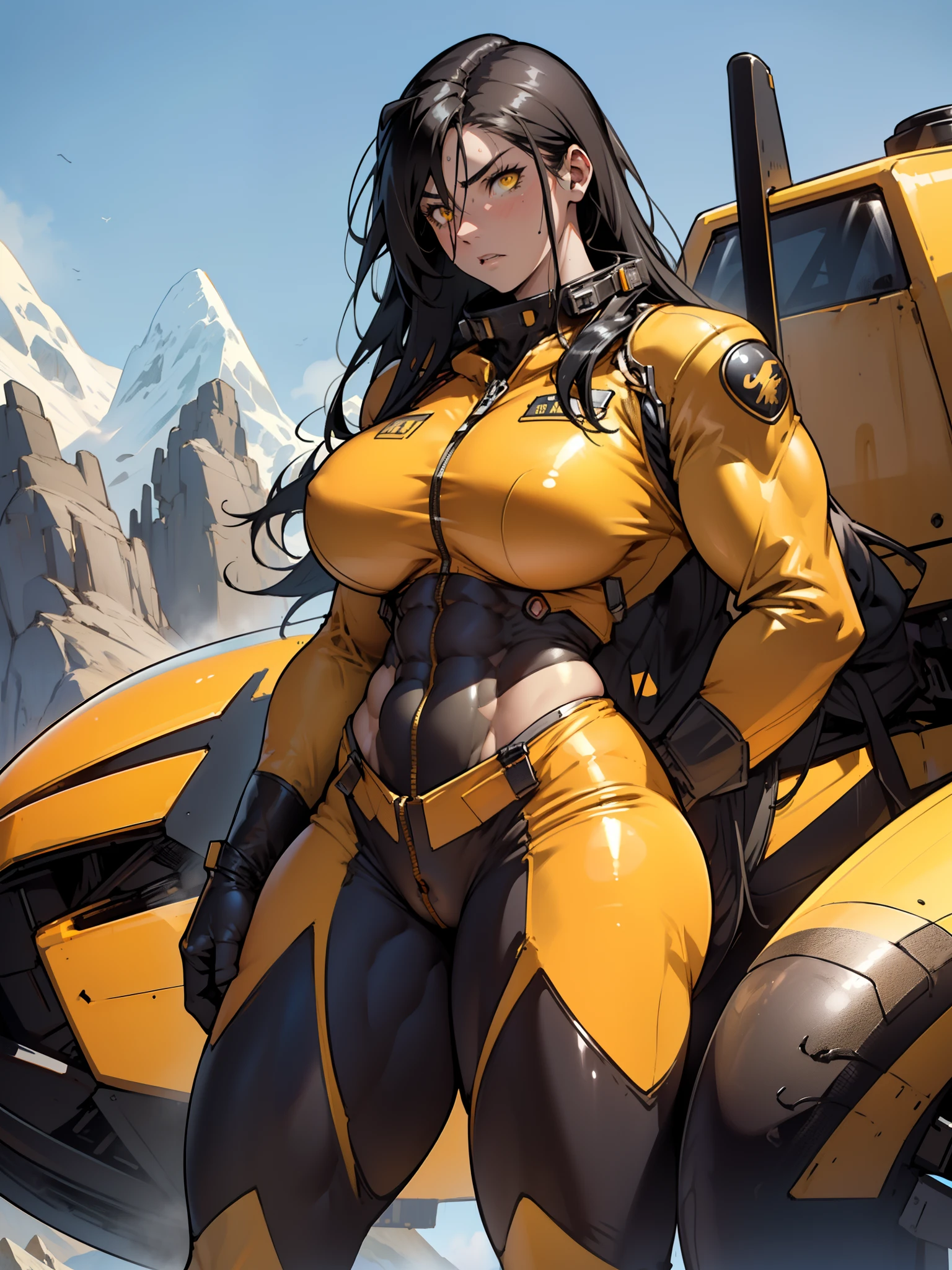 ((1girl)), black hair, (extremely long hair), yellow eyes, ((huge breasts)), ((thick thighs)), (solo), angry, (pale skin), sweaty, (shiny skin), ((((pilot suit)))), ((((((((muscular)))))))), (((wide hips))), mountain range background