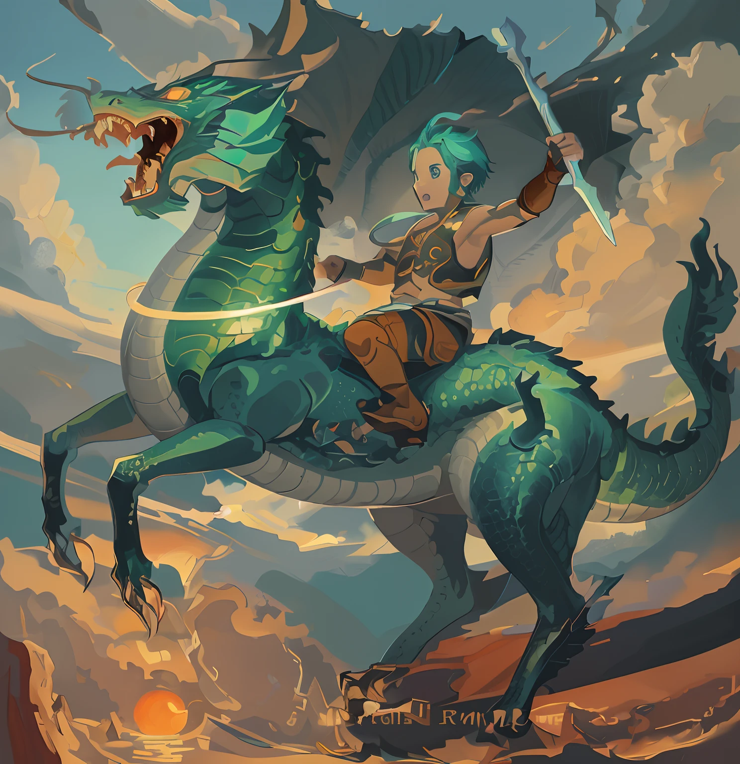 Drawing of a boy riding a dragon with a spear in her hand, In the evening water, The sun is orange........, Dragon Rider, Dragon Ride, android jones and rhads, Jesus rides a dragon, Chubby vs Dragon. passenger, Epic full color illustration, Children's art in art, epic fantasy digital art style, by Adam Marczyński, digital painting greek mythology, Dragon Riding Boy, Blue-Green Dragon