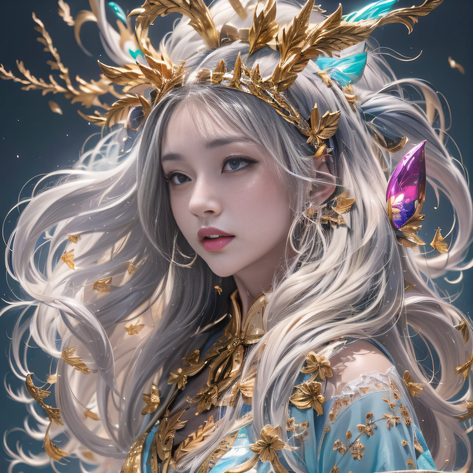 Outer Space 32K（tmasterpiece，k hd，hyper HD，32K），Long flowing light blue hair，ponds ，Mantis protector （realisticlying：1.4），Red robe with a flame pattern，Purple-pink tiara，Petals flutter，The background is pure，Hold your head high，Be proud，The nostrils look at people， A high resolution， the detail， RAW photogr， Sharp Re， Nikon D850 Film Stock Photo by Jefferies Lee 4 Kodak Portra 400 Camera F1.6 shots, Rich colors, ultra-realistic vivid textures, Dramatic lighting, Unreal Engine Art Station Trend, cinestir 800，Hold your head high，Be proud，The nostrils look at people