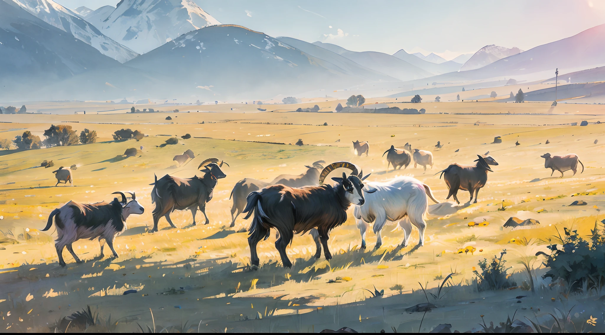 There are a lot of goats in the dense steppe,Very many sheep
