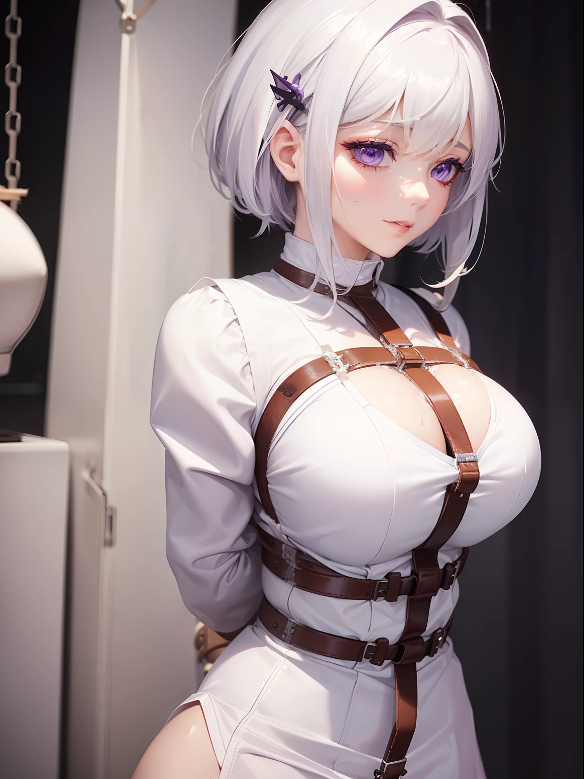 a women, white hair, purple eyes, white dress,bound, (bdsm:1.9)