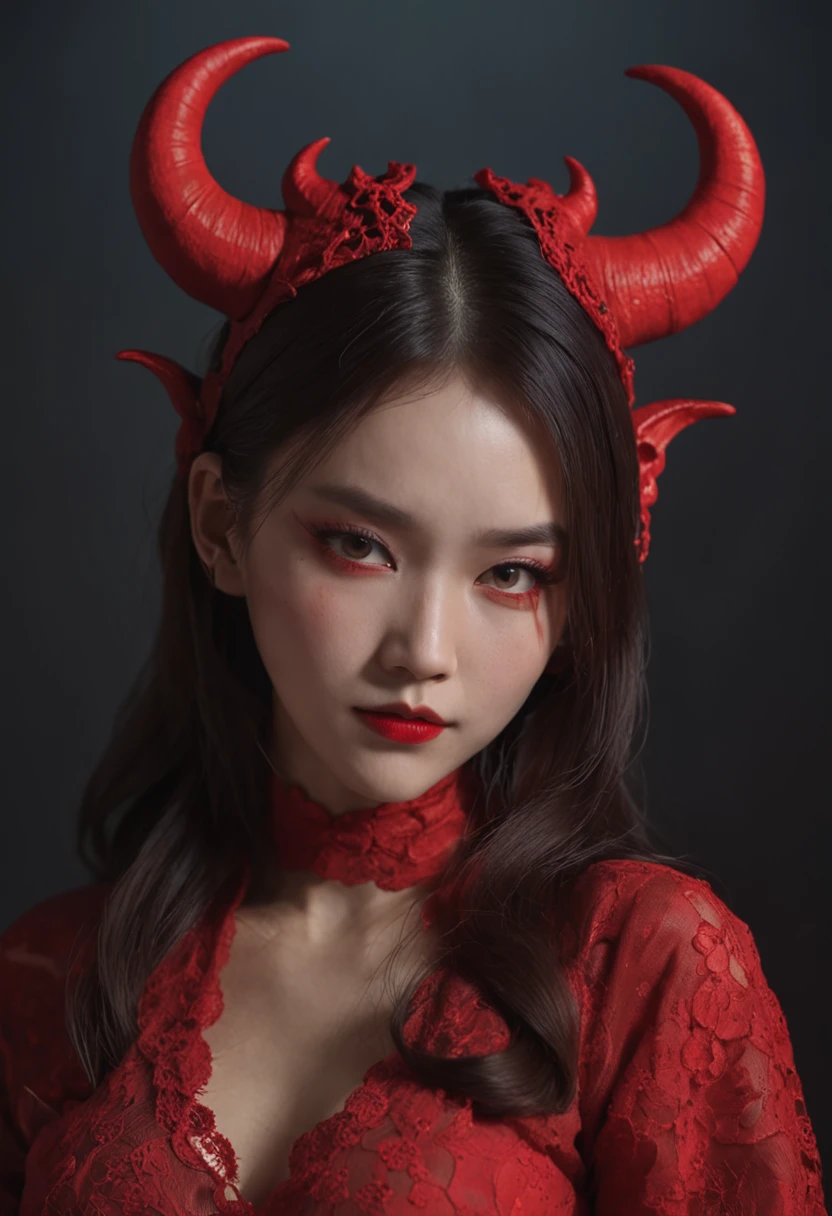 1 beautiful devil woman from hell, In the Dark: 1.6), surreal female portrait by David Hockney and Alphonse Mucha, fantasy art, korea doll, photorealism, dynamic lighting, artstation, poster, volumetric lighting, very detailed faces, 8k ultra, Awarded, in the dark, deep shadow, low key, cowboy lens, (Red phoenix dress: 1.4), long hair, black hair, bust, luxurious palace, Royal style, devil crown, red eyes make up very sharp and detailed, The most beautiful face, The breasts are very big and round and round, Super realistic, chinese women's clothing, polo neck sweater, Charming smile, The eyes are very well made up, guweiz, devil style, wearing black mesh socks, Ponytail with a bow tied at the back of the hair, Red black lips, Devil tattoo on shoulder, wearing a thin red and black robe, the landscape is overcast and thunderous, (Portrait), Close-up of the main character, (Background details 1.8),
