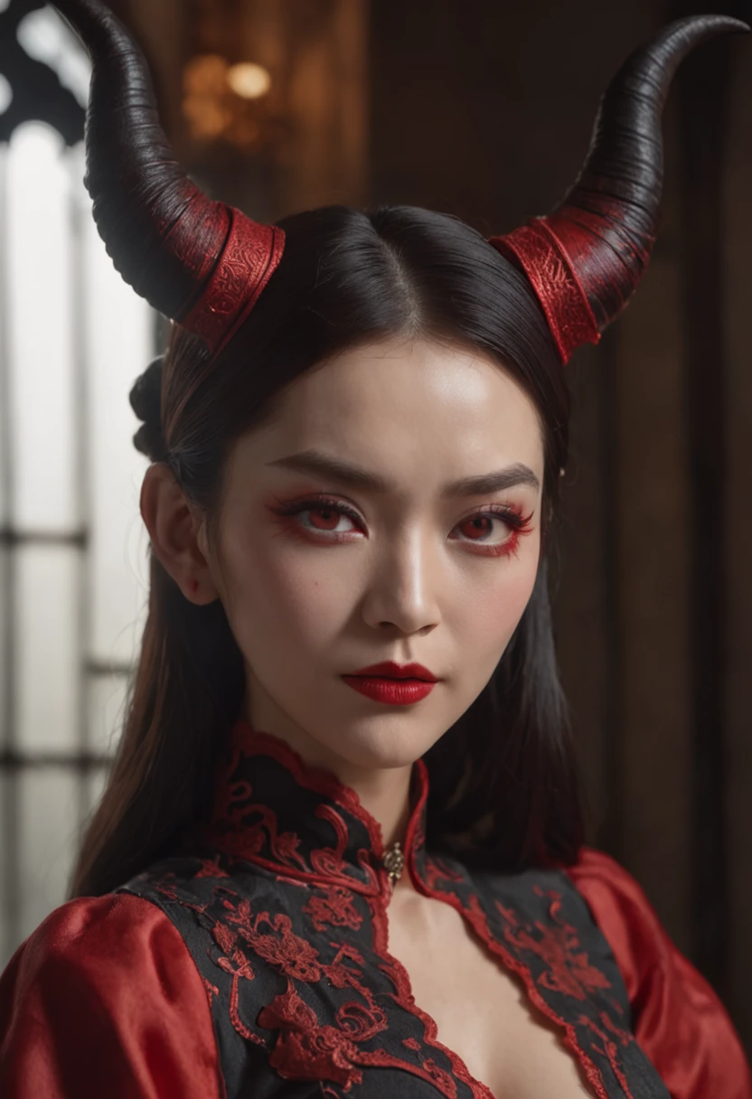 1 beautiful devil woman from hell, In the Dark: 1.6), surreal female portrait by David Hockney and Alphonse Mucha, fantasy art, korea doll, photorealism, dynamic lighting, artstation, poster, volumetric lighting, very detailed faces, 8k ultra, Awarded, in the dark, deep shadow, low key, cowboy lens, (Red phoenix dress: 1.4), long hair, black hair, bust, luxurious palace, Royal style, devil crown, red eyes make up very sharp and detailed, The most beautiful face, The breasts are very big and round and round, Super realistic, chinese women's clothing, polo neck sweater, Charming smile, The eyes are very well made up, guweiz, devil style, wearing black mesh socks, Ponytail with a bow tied at the back of the hair, Red black lips, Devil tattoo on shoulder, wearing a thin red and black robe, the landscape is overcast and thunderous, (Portrait), Close-up of the main character, (Background details 1.8),