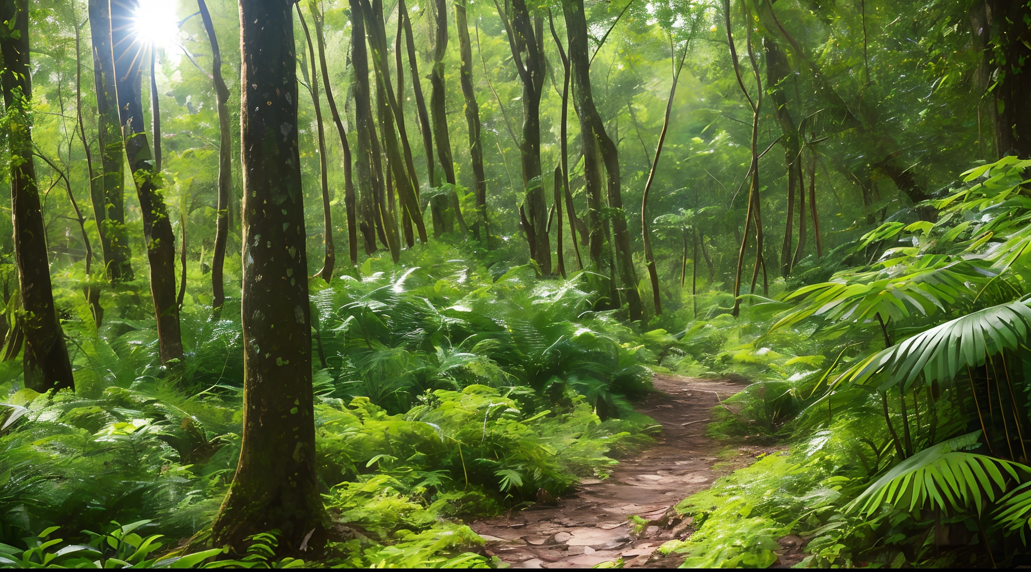 "[Image of a secluded Sri Lankan forest], Enchanting, Vibrant, Pristine, Lush, Tranquil. Captured with a mirrorless camera, equipped with a macro lens, during the soft light of early morning. Focal distance adjusted to highlight the intricate patterns of leaves and flora. The photograph aims to capture the forest's untouched allure. Taken by the skilled photographer Gimhāra. -ar 16:9" --auto --s2