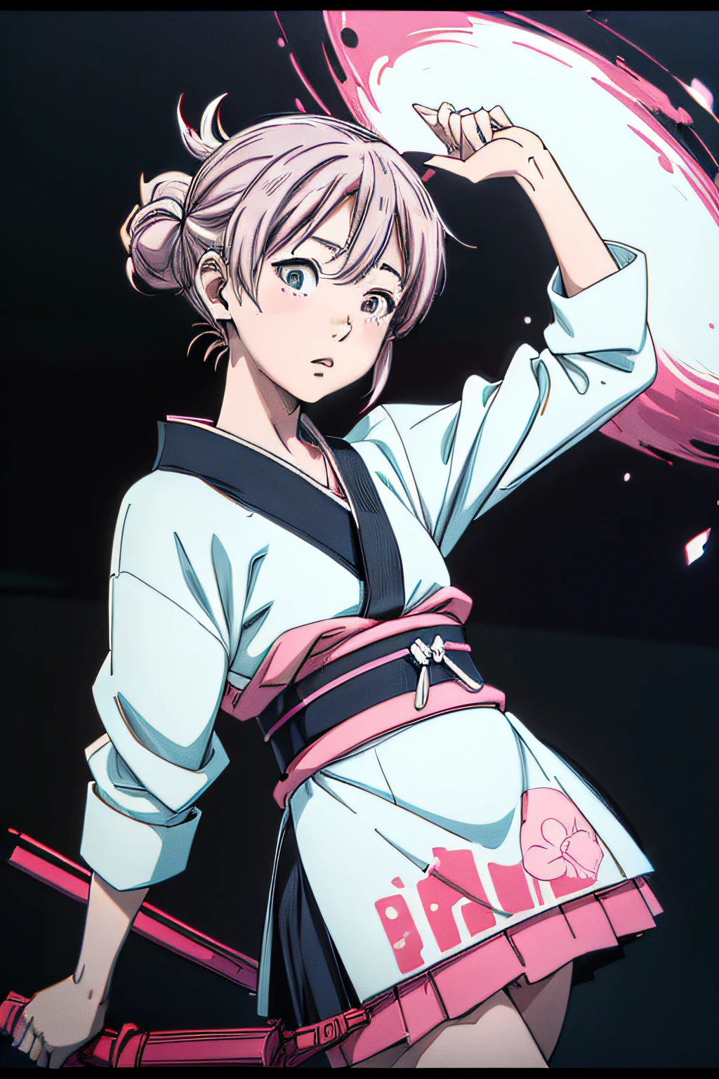 jpn_hi-school girl、Kimono,actionpose、cheerfully、Overflowing、ink art、((top-quality、8K、masterpiece:1.3))、(Clear focus:1.2)、(comic book style),(Pop),(linear art_Anime)、(PastelColors:1.2),((monotone_High Contrast Art:1.2))、flat chest、(the complex background:1.2),(Lola:add more details:1.2)、sharp outline、sharp lineart、Old Japan cityscape background