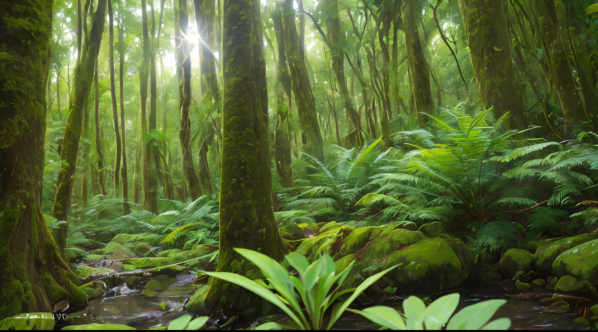 "[Image of a secluded Sri Lankan forest], Enchanting, Vibrant, Pristine, Lush, Tranquil. Captured with a mirrorless camera, equipped with a macro lens, during the soft light of early morning. Focal distance adjusted to highlight the intricate patterns of leaves and flora. The photograph aims to capture the forest's untouched allure. Taken by the skilled photographer Gimhāra. -ar 16:9" --auto --s2