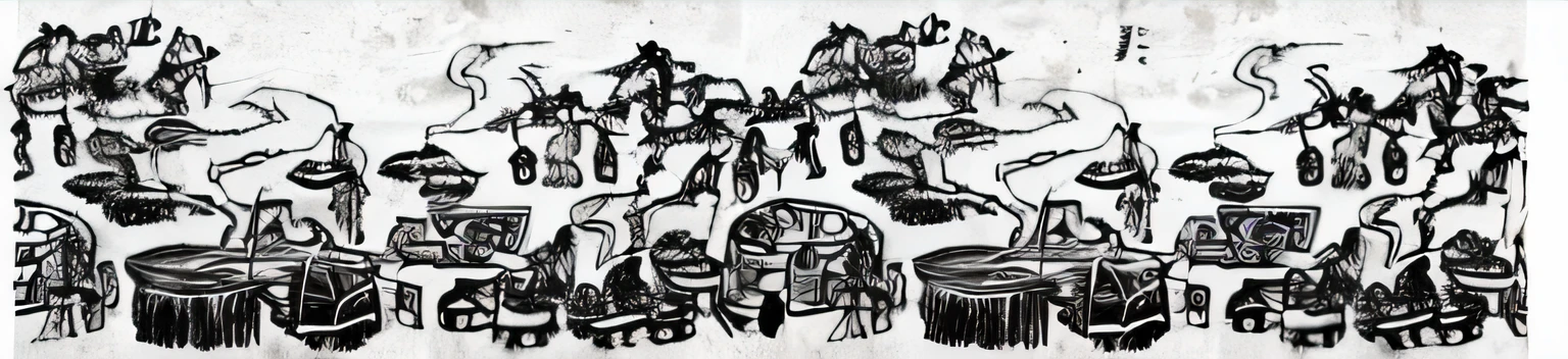 Drawing of a group of people with a horse painted on the wall, historical image, Carefully crafted illustrations, market setting, full page illustration, medieval woodcut, vignette illustration, floating chinese lampoons, exploitable image, feudal japanese setting, Chinese village, Chinese style artwork.Make a step-by-step diagram of the winemaking technique，There is also a scene of harvesting wheat in autumn