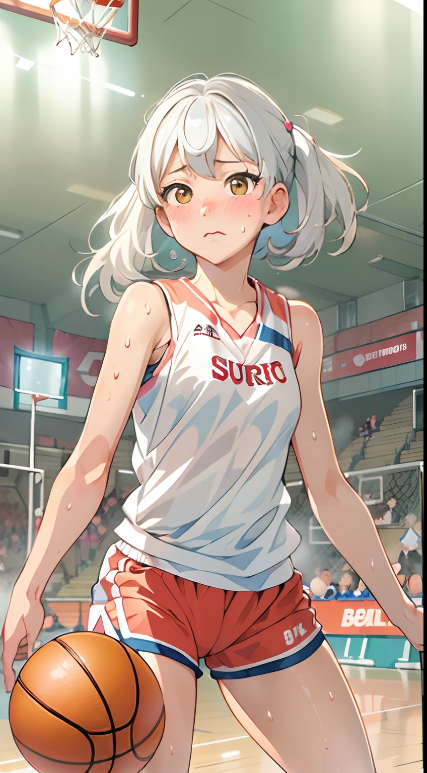 (((masterpiece))), (((best quality))), (((ultra detailed))), (((high-resolution))), ((super fine illustration)), ((Ultimate cutie)), detailed beautiful face,(white hair),(short hair),shiny hair, ((((gyaru)))), (medium breasts), (((solo))), (((embarrassed expression))), ((basketball player)),((jump,acrobatic,hopping)), (((hand on the ball))), (sleeveless basketball Uniform), knee pad, elbow pad, ((sweat)), ((covered in sweat)), ((fog)), in basketball Court, lighting, ((from behind)),(((looking at viewer)))