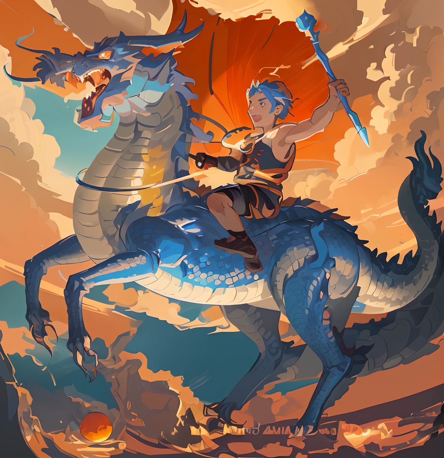 Drawing of a boy riding a dragon with a spear in her hand, In the evening water, The sun is orange........, Dragon Rider, Dragon Ride, android jones and rhads, Jesus rides a dragon, Chubby vs Dragon. passenger, Epic full color illustration, Children's art in art, epic fantasy digital art style, by Adam Marczyński, digital painting greek mythology, Dragon Riding Boy , Blue Dragon