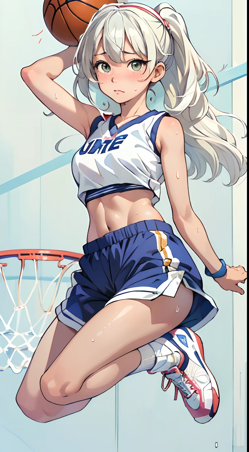 (((masterpiece))), (((best quality))), (((ultra detailed))), (((high-resolution))), ((super fine illustration)), ((Ultimate cutie)), detailed beautiful face,(white hair),(short hair),shiny hair, ((((gyaru)))), (medium breasts), (((solo))), (((embarrassed expression))), ((basketball player)),((jump,acrobatic,hopping)), (((hand on the ball))), (sleeveless basketball Uniform), knee pad, elbow pad, ((sweat)), ((covered in sweat)), ((fog)), in basketball Court, lighting, ((from behind)),(((looking at viewer)))