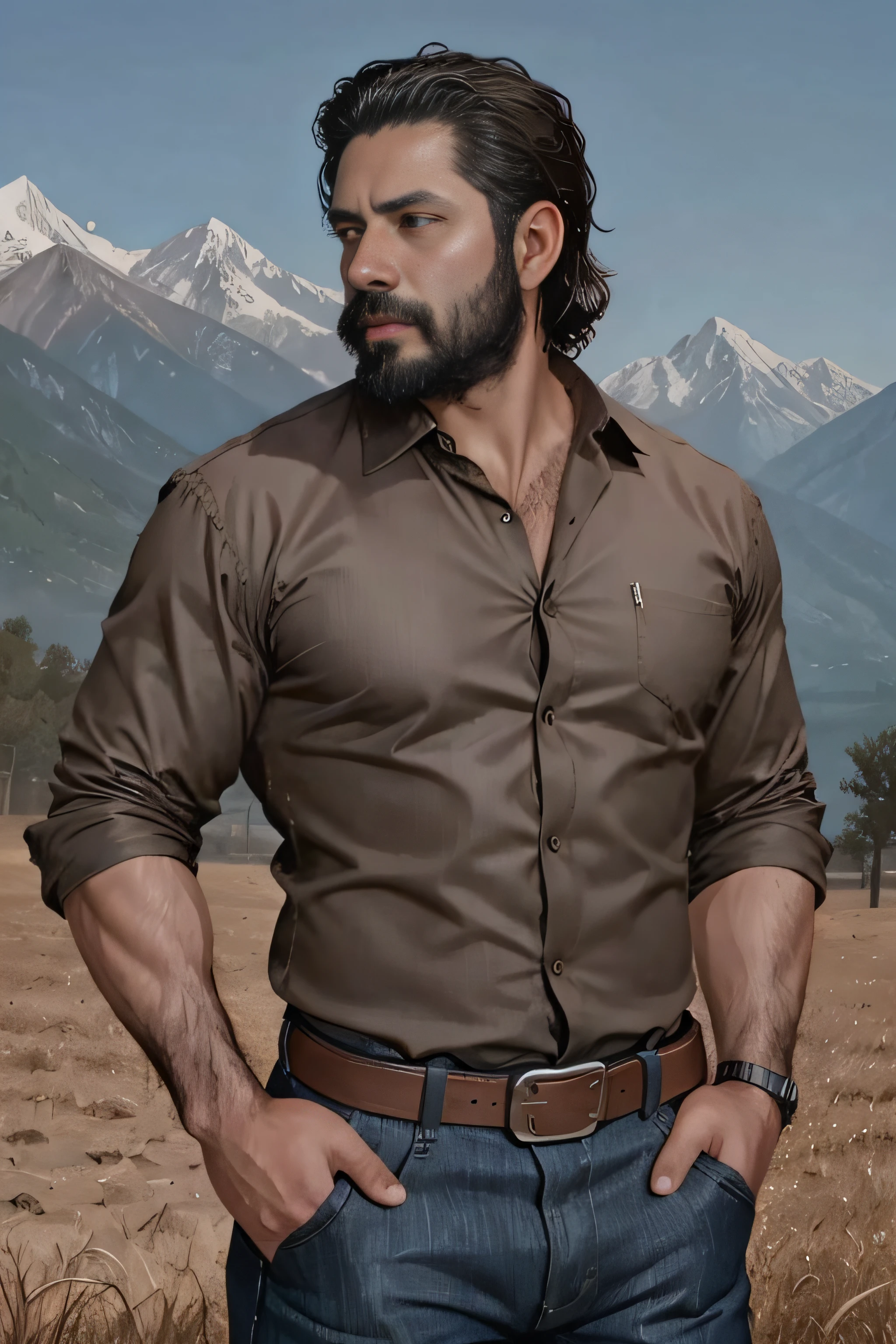 Un retrato de personaje [Man from Mexico, pelo corto, barba delineada, cuerpo peludo, macho alfa, huge biceps, pantalones vaqueros, camisa negra en movimiento por el aire, zapatos deportivos, varonil, Standing in front of a mountain with cows and horses] 8k, Alto detalle, Beautiful, Edad Oscura, Arte de Stanley Artgerm, por Daniel f gerhartz, por Pino Daeni, Altamente detallado, foco nítido.