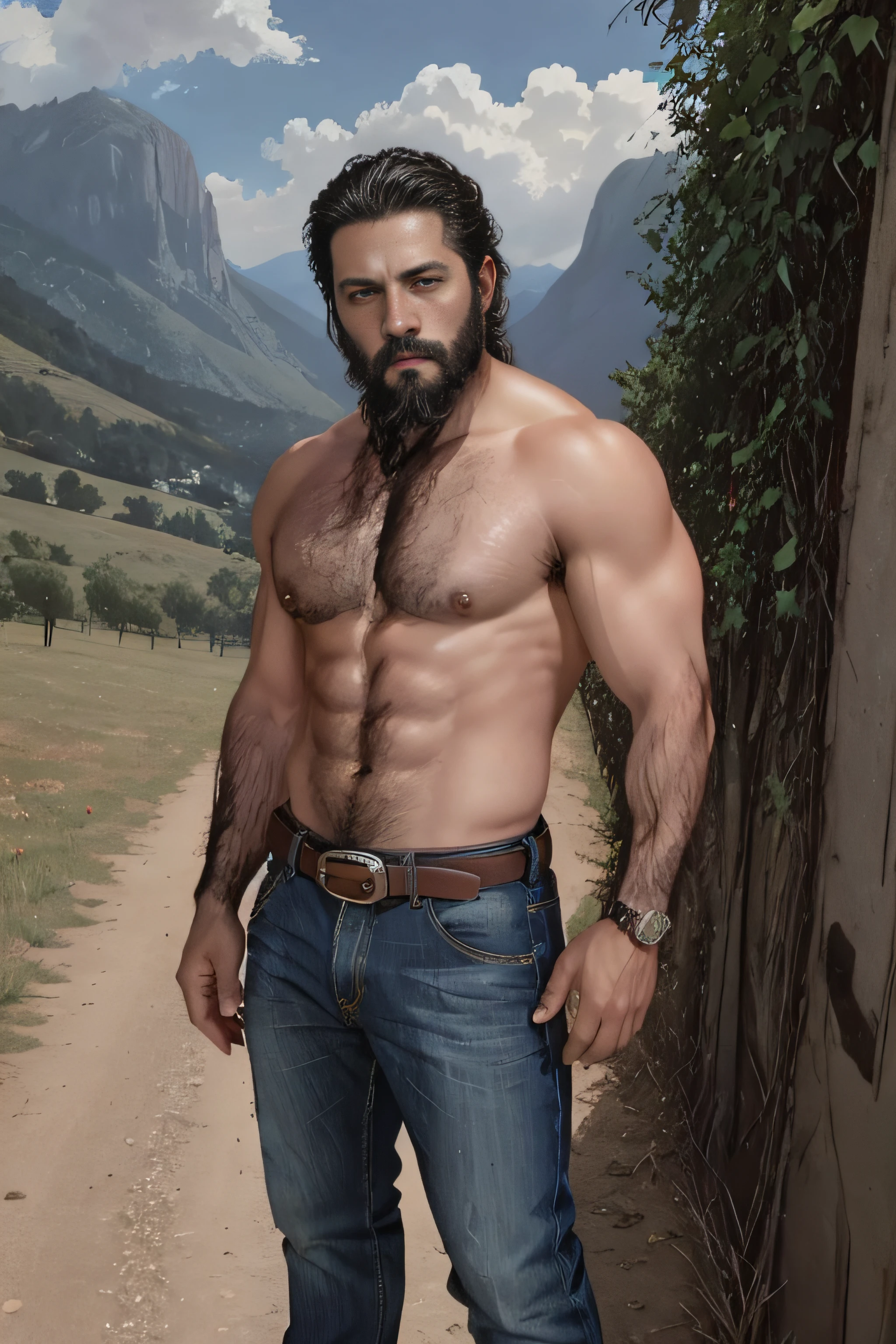 Un retrato de personaje [Man from Mexico, pelo corto, barba delineada, cuerpo peludo, macho alfa, huge biceps, pantalones vaqueros, camisa negra en movimiento por el aire, zapatos deportivos, varonil, Standing in front of a mountain with cows and horses] 8k, Alto detalle, Beautiful, Edad Oscura, Arte de Stanley Artgerm, por Daniel f gerhartz, por Pino Daeni, Altamente detallado, foco nítido.