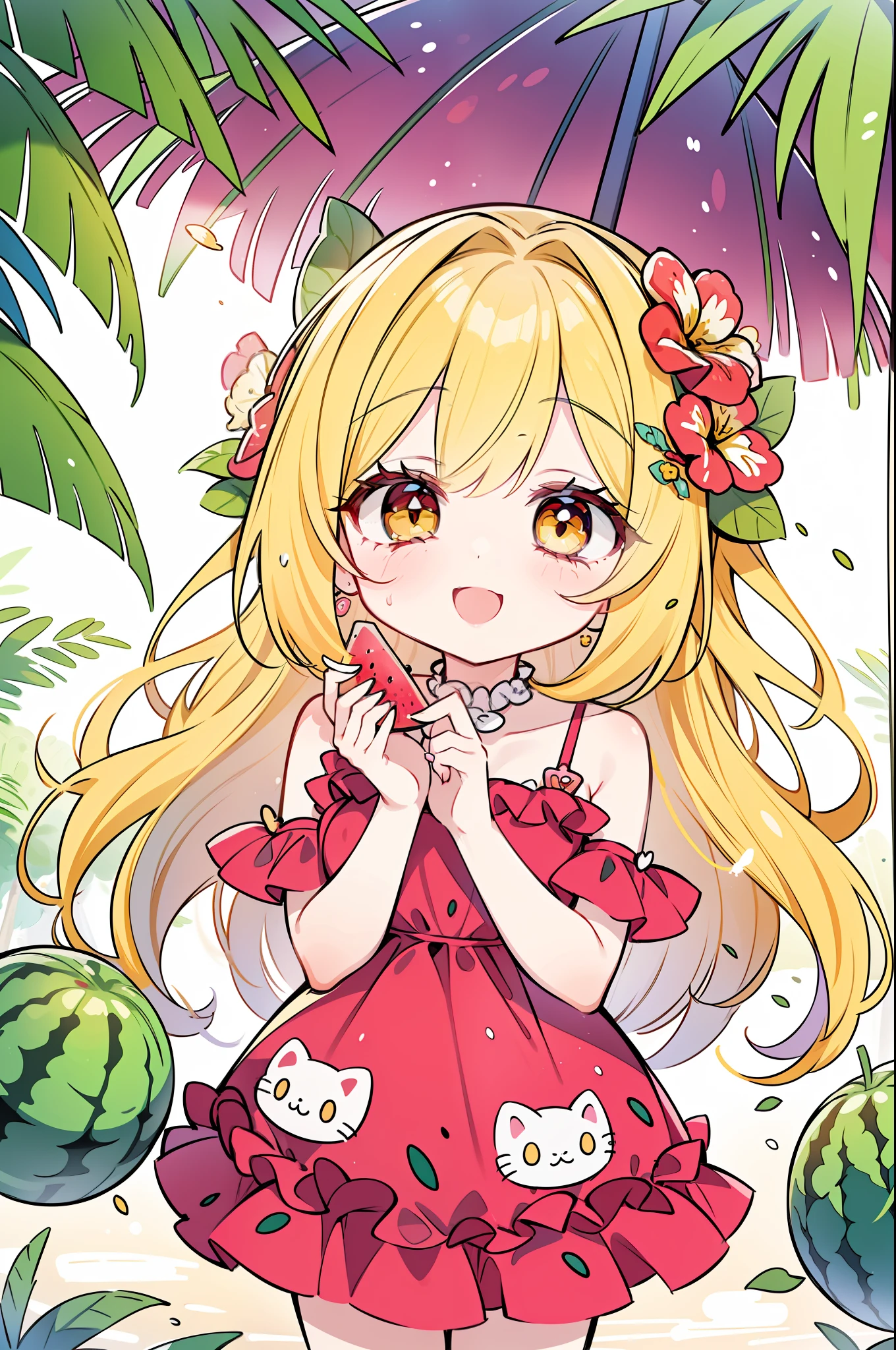 1girl, wearing a (cat print) purple dress, in ((the tropics with watermelon)), happy and smiling, mythical world with giant watermelon fruit , bright light color palette🎨, hands down, energetic, fashion dress, fruits, long flowy hair, yellow hair with red inside, bananas