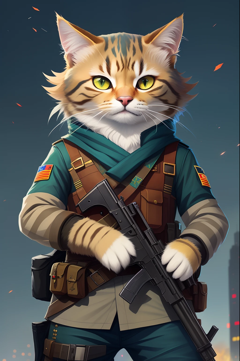 There is a cat with a gun,Dressed in uniform, Chinese flag epaulettes,the city street,Cat Warrior, wojtek fus, armored cat, anthro cat, preparing to fight, furry character portrait, Assassin Cat, cat detailed, an anthro cat, cat furry, epic digital art illustration, furry artist, realistic anime cat, awesome cat, tabaxi :: rogue