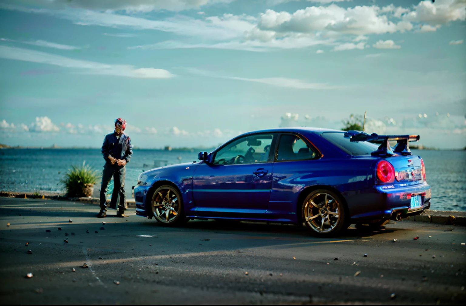 The Alafard blue car was parked on the dock next to a man, Wearing an Ultraman helmet，epic stance, shot at golden hour, blue colors, kodakchrome : : 8 k'', taken with canon 5d mk4, hyperrealistic”, ultra realistic”, wrx golf, Low Dutch angle, skewed shot, taken at golden hour, tuning, vehicle photography, automotive photography