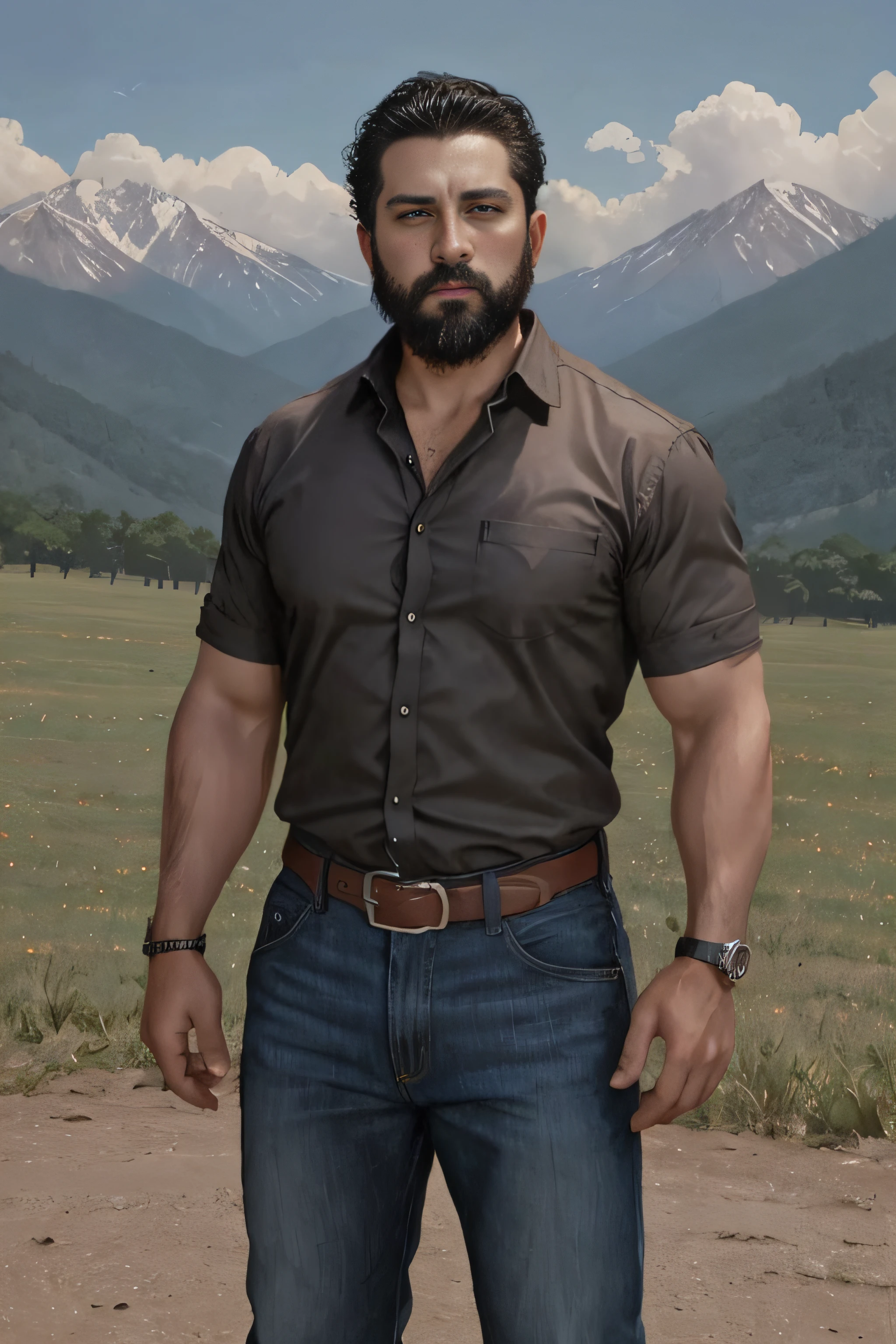 Un retrato de personaje [Man from Mexico, pelo corto, barba delineada, cuerpo peludo, macho alfa, huge biceps, pantalones vaqueros, camisa negra en movimiento por el aire, zapatos deportivos, varonil, Standing in front of a mountain with cows and horses] 8k, Alto detalle, Beautiful, Edad Oscura, Arte de Stanley Artgerm, por Daniel f gerhartz, por Pino Daeni, Altamente detallado, foco nítido.