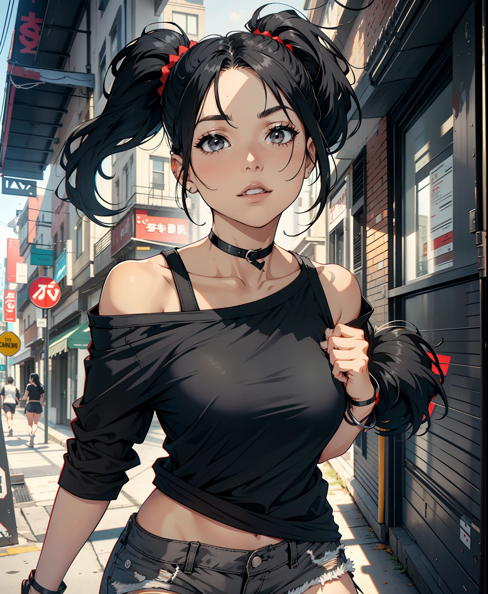 Sexy woman, black hair, ponytail, ripped off shoulder oversized grey t shirt, black shorts, white sneakers, walking, free spirited