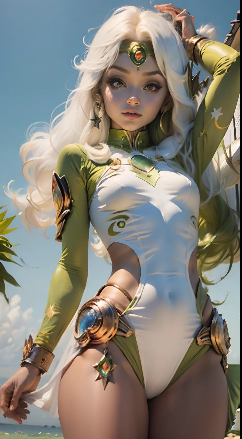 Mulher bonita cabelo branco longo, corpo definido seios grandes, (((vestindo cosplay de Starfire)))