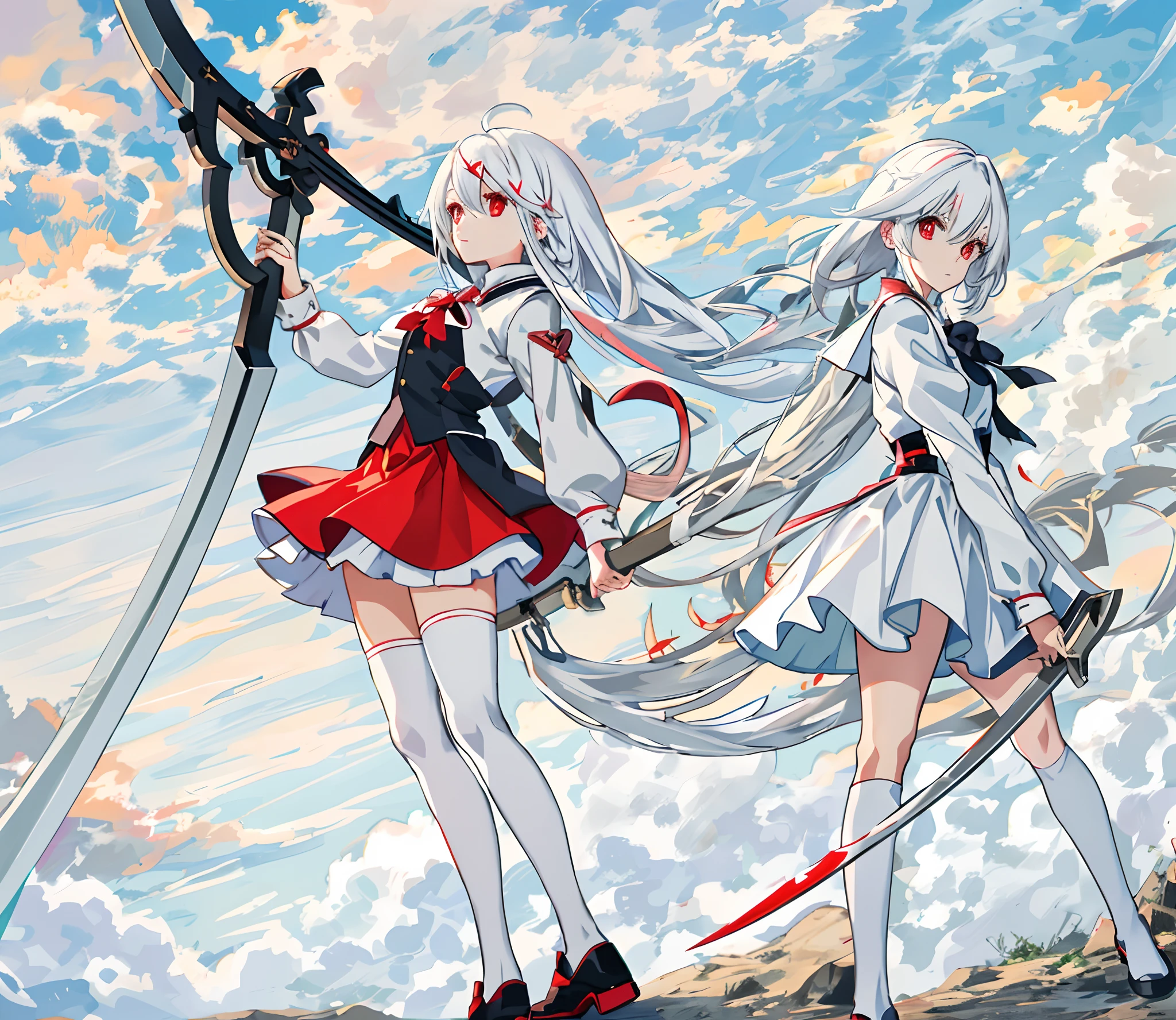 Anime girl with white hair and red eyes，short  skirt，white  clothes，white stockings，Hold a scythe in hand