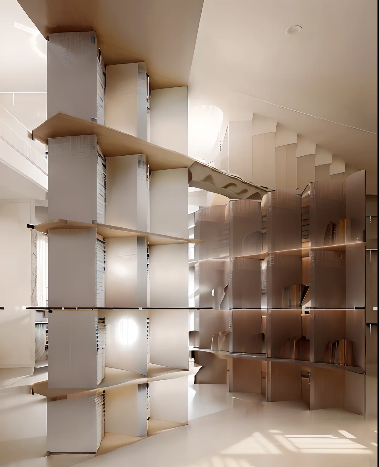 There was a room with shelves and lots of shelves, ((((Inside the library)))), Stairs and bookshelves, interior architecture view, infinite library, Spiral bookshelves full of books, architecture visualization, indoor liminal space, architecture visualization, low angle dimetric rendering, randomly segmented rooms, library interior background, shelves, interior design architecture, v-ray