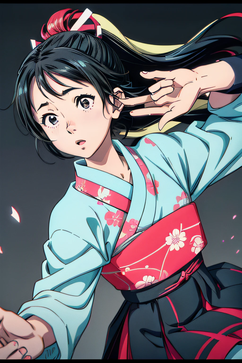 jpn_hi-school girl、Kimono,actionpose、cheerfully、Overflowing、ink art、((top-quality、8K、masterpiece:1.3))、(Clear focus:1.2)、(comic book style),(Pop),(linear art_Anime)、(PastelColors:1.2),((monotone_High Contrast Art:1.2))、flat chest、(the complex background:1.2),(Lola:add more details:1.2)、sharp outline、sharp lineart、Old Japan cityscape background