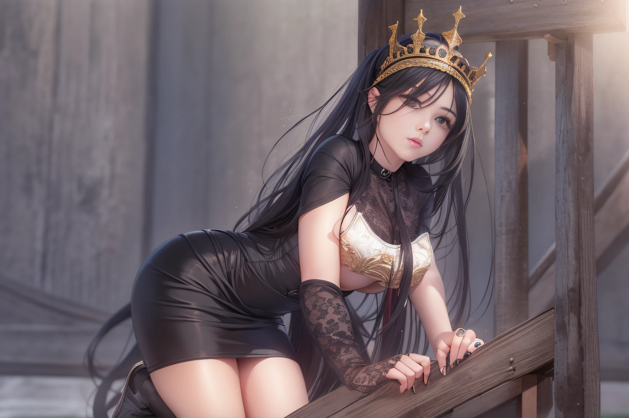 Sun, day, {{Masterpiece}}, Best quality, Girl, Mature female, Long hair, Black hair, crown braid, cone hair bun, Beautiful detailed eyes, Serious, Black eyes, Medium breasts, Revealing dress, didn't wear socks, Boots,  against a wall, pillory/Stocks,