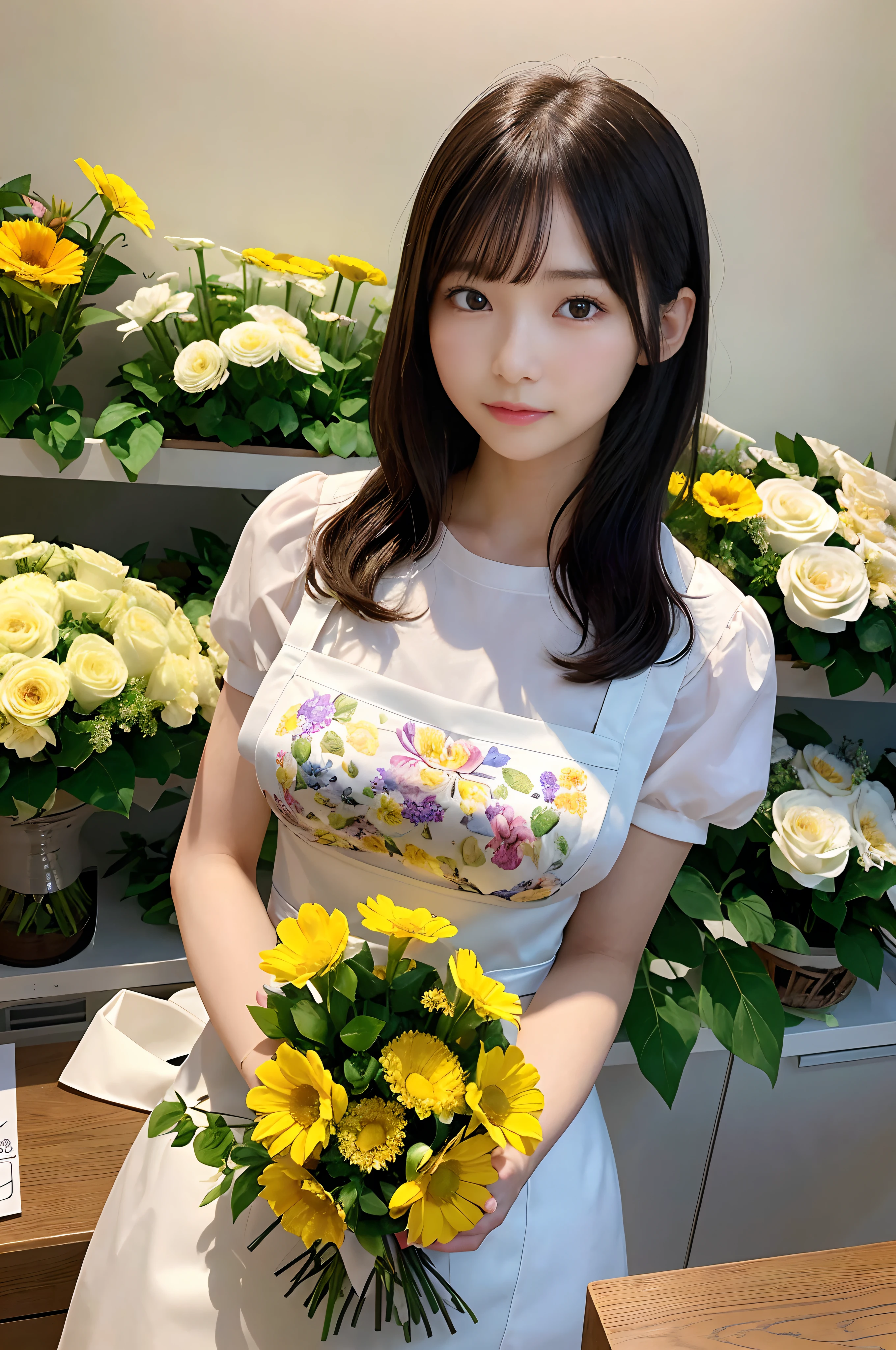 masterpiece, best quality, photorealistic, raw photo, DSLR, beautiful Japanese girl, 15-year-old, solo, highly detailed fair skin, shiny skin, realistic face, beautiful face, no makeup face, (highly detailed realistic eyes), beautiful eyes, bright eyes, double eyelids, look at viewer, (black short hair), (dark short hair), bangs, disheveled hair, slim figure, slim face, slim waist, big breasts, ((flower shop clerk, floral apron, work in flower shop, many colorful flowers)), beautiful lighting, perfect lighting, realistic shadows, highly detailed, highly delicate and beautiful, ultra high resolution, 8k UHD wallpaper,