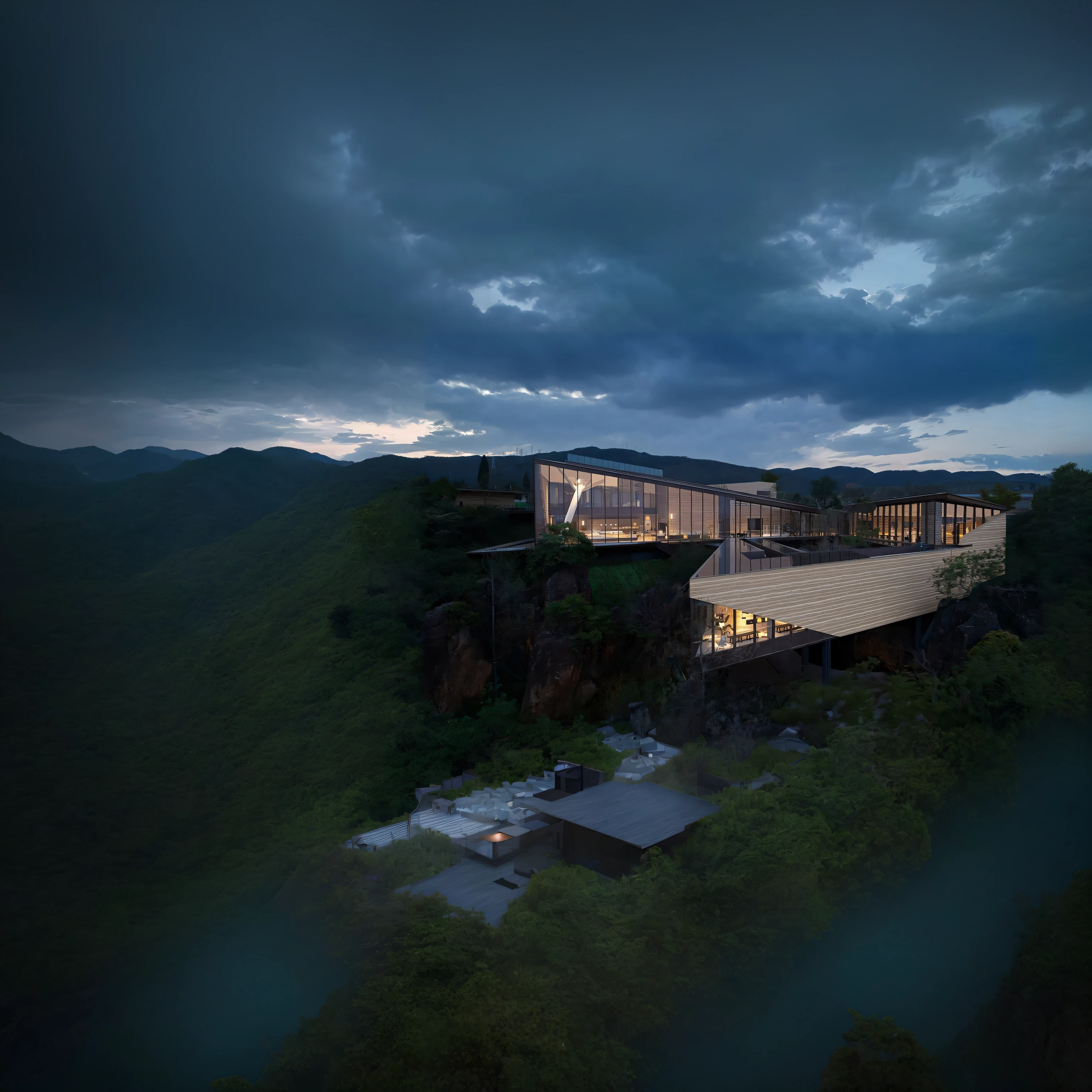 The view of the house on the cliff and the mountains, integrated in the mountains, v - ray, v-ray, architectural render, v - ray render, V-Ray rendering, award winning render, Render in Vray, lumion render, high-end onsen, high quality rendering, vray render, a digital rendering