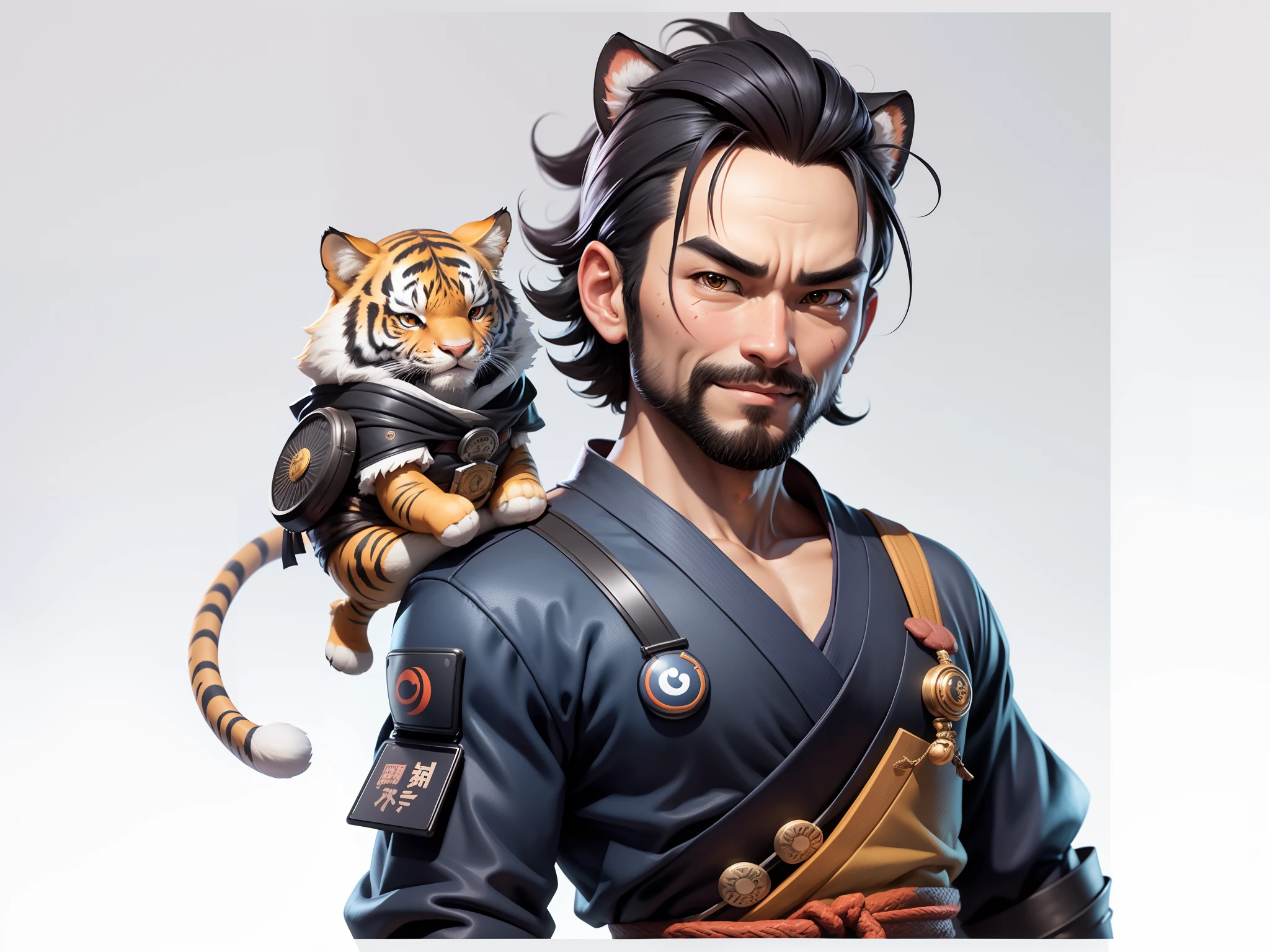 (Daisaku),(Need),(Super meticulous),(full bodyesbian:1.2),Super young man with Japanese geisha,Beautiful,orient,one tiger,Aeolian Thor,Raised sexy,爆乳,Oriental face,TV Anchor,Bust portrait illustration,In black suit,a blue tie,The face is slightly chubby,The face was clean,without a beard,Black super short hair,Black eyes,Smile confidently,3C computer sub-products,iPad, iphone,Digital painting,3D character design by Mark Clairen and Pixar and Hayao Miyazaki and Akira Toriyama,The illustration is a high-definition illustration in 4K resolution,With very detailed facial features and cartoon-style visuals。
