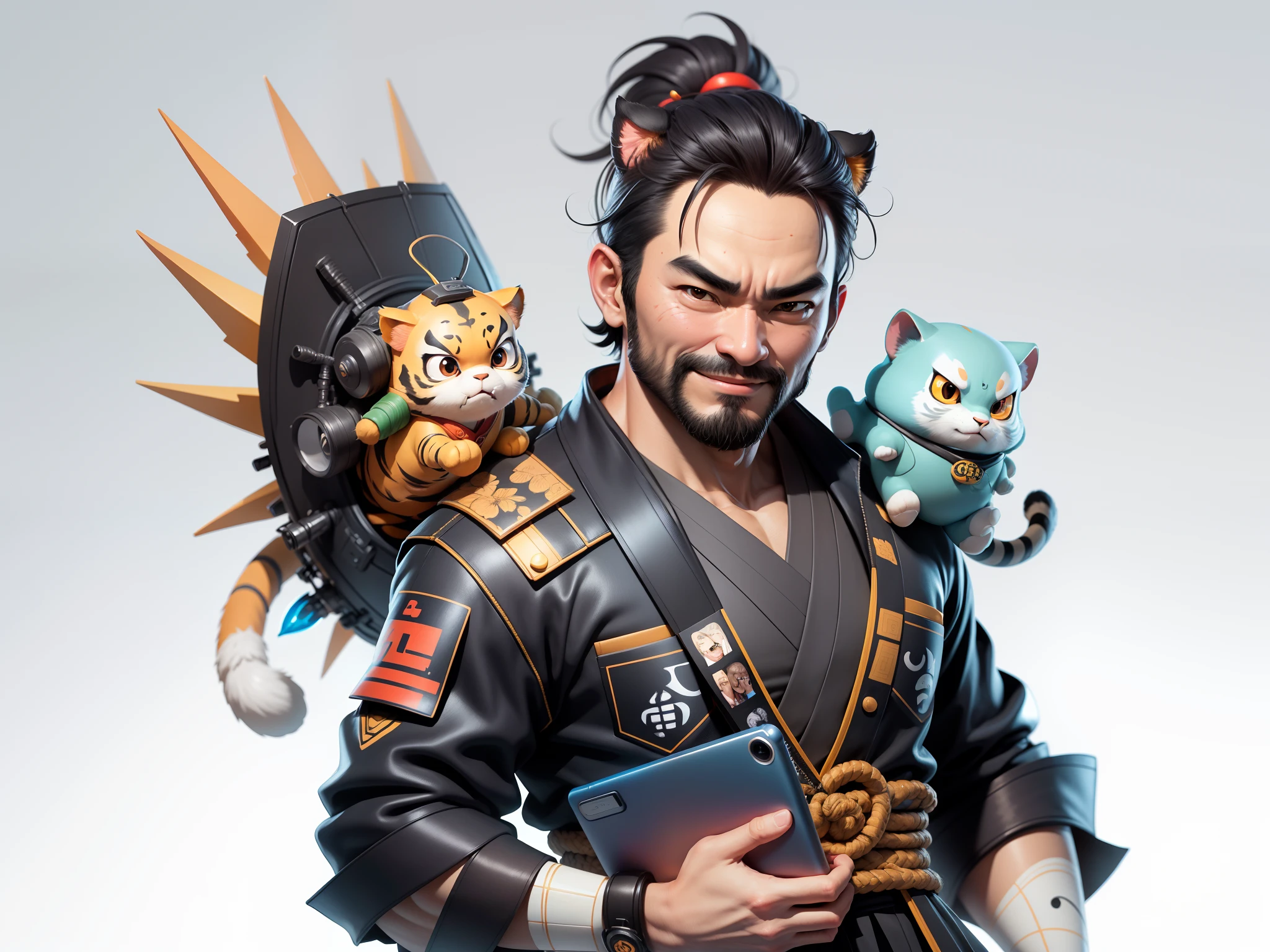 (Daisaku),(Need),(Super meticulous),(full bodyesbian:1.2),Super young man with Japanese geisha,Beautiful,orient,one tiger,Aeolian Thor,Raised sexy,爆乳,Oriental face,TV Anchor,Bust portrait illustration,In black suit,a blue tie,The face is slightly chubby,The face was clean,without a beard,Black super short hair,Black eyes,Smile confidently,3C computer sub-products,iPad, iphone,Digital painting,3D character design by Mark Clairen and Pixar and Hayao Miyazaki and Akira Toriyama,The illustration is a high-definition illustration in 4K resolution,With very detailed facial features and cartoon-style visuals。