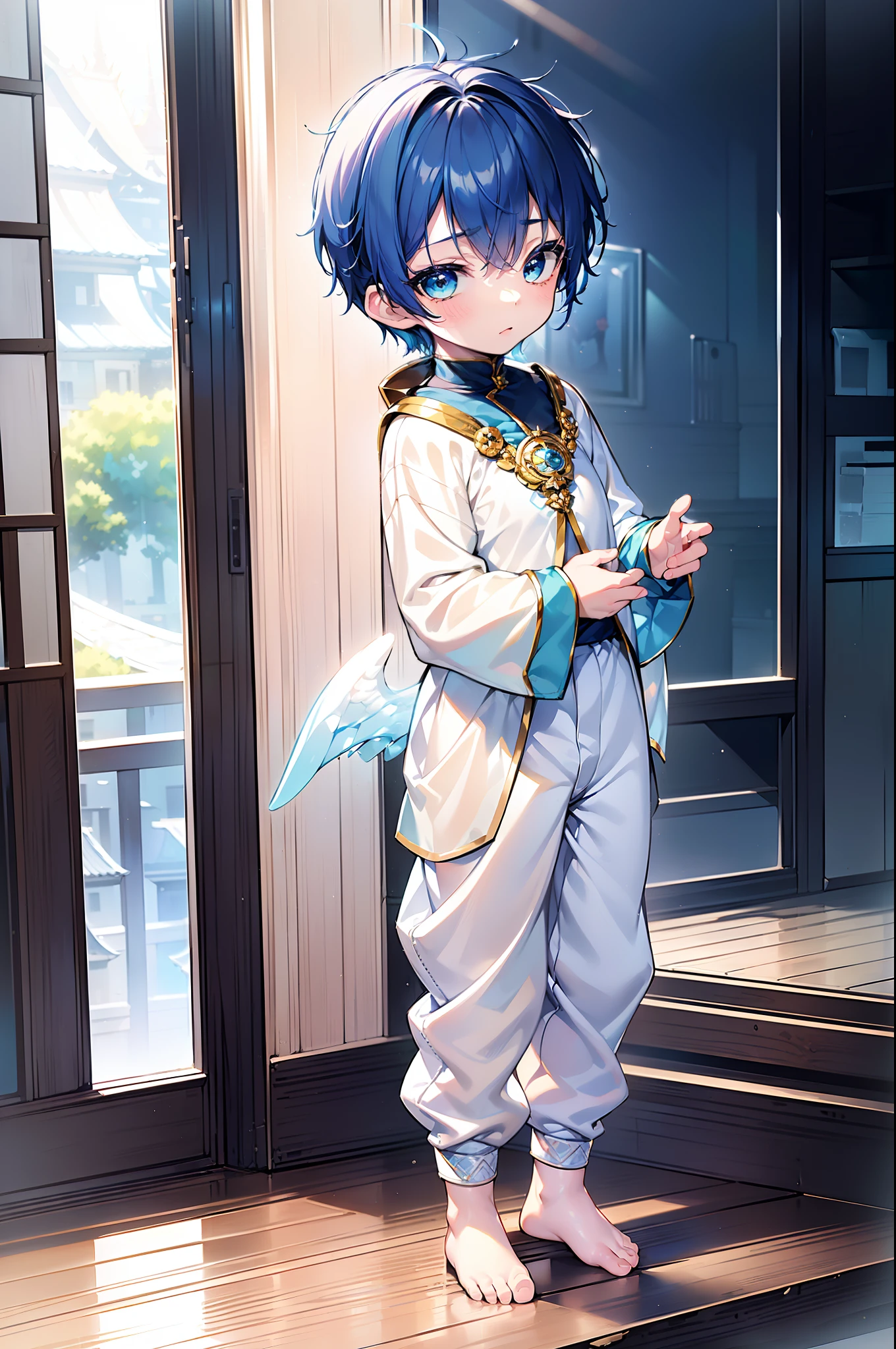 4k, (Masterpiece:1), ********** with blue colored hair and shiny, glowing cyan eyes and barefoot, standing on field, epic, cinematic, young, boy, child, small, toddler, tiny feet, focus on feet, feet, blushing, (Young:1.4), (Child:1.4), (Shota:1.4), (male:1.4), (boy:1.4), (divine clothes:1.4), (epic:1.4), (posing:1.4), (cinematic:1.4),