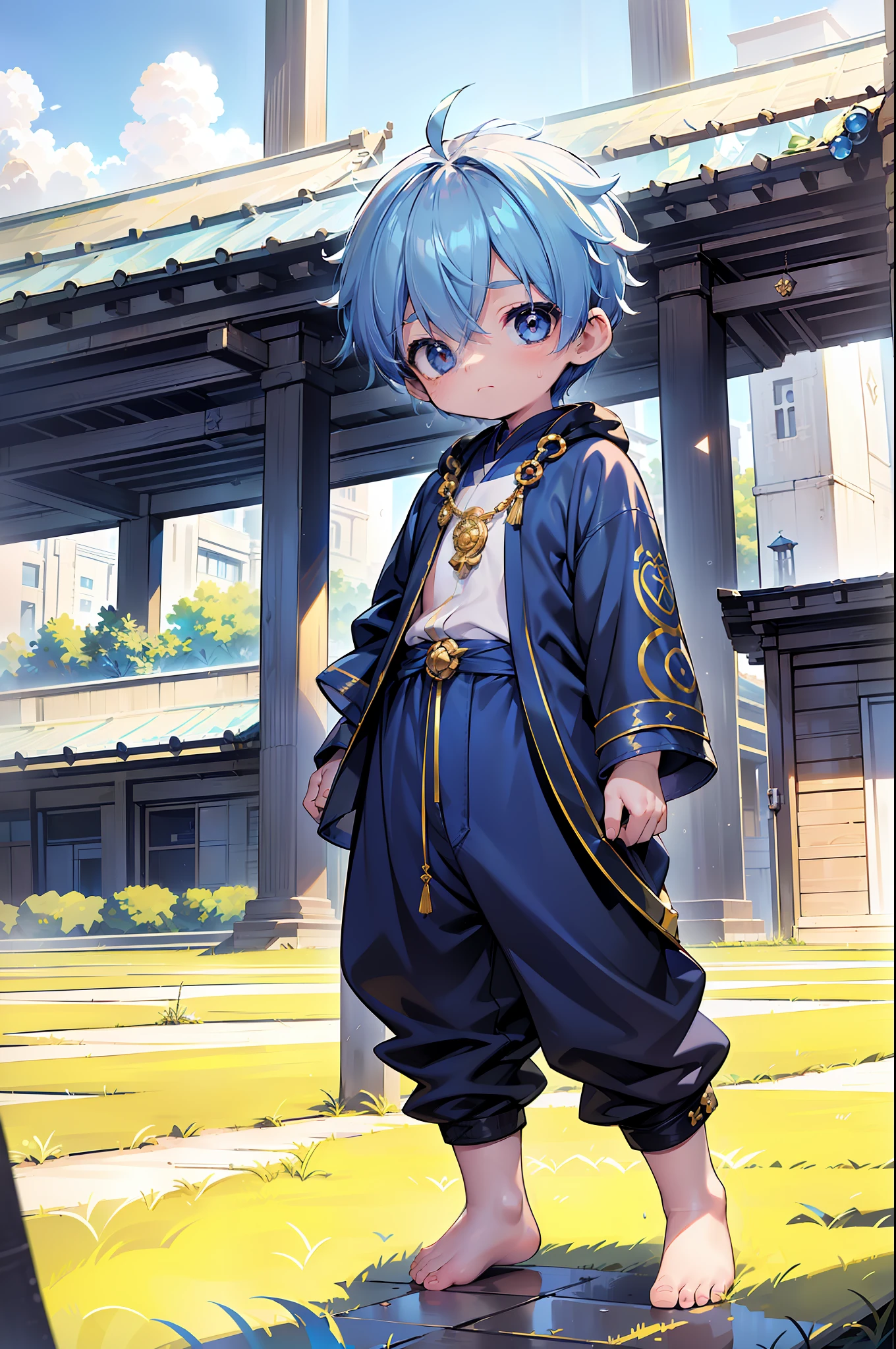 4k, (Masterpiece:1), Little boy with blue colored hair and shiny, glowing cyan eyes and barefoot, standing on field, epic, cinematic, young, boy, child, small, toddler, tiny feet, focus on feet, feet, blushing, (Young:1.4), (Child:1.4), (Shota:1.4), (male:1.4), (boy:1.4), (divine clothes:1.4), (epic:1.4), (posing:1.4), (cinematic:1.4),