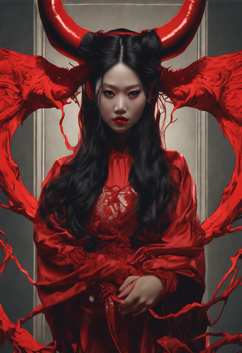 1 beautiful devil woman from hell, In the Dark: 1.6), surreal female portrait by David Hockney and Alphonse Mucha, fantasy art, korea doll, photorealism, dynamic lighting, artstation, poster, volumetric lighting, very detailed faces, 8k ultra, Awarded, in the dark, deep shadow, low key, cowboy lens, (Red phoenix dress: 1.4), long hair, black hair, bust, luxurious palace, Royal style, devil crown, red eyes make up very sharp and detailed, The most beautiful face, The breasts are very big and round and round, Super realistic, chinese women's clothing, polo neck sweater, Charming smile, The eyes are very well made up, guweiz, devil style, wearing black mesh socks, Ponytail with a bow tied at the back of the hair, Red black lips, Devil tattoo on shoulder, wearing a thin red and black robe, the landscape is overcast and thunderous, (Portrait), Close-up of the main character, (Background details 1.8)