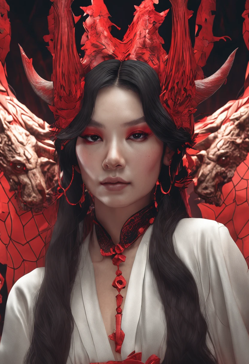 1 beautiful devil woman from hell, In the Dark: 1.6), surreal female portrait by David Hockney and Alphonse Mucha, fantasy art, korea doll, photorealism, dynamic lighting, artstation, poster, volumetric lighting, very detailed faces, 8k ultra, Awarded, in the dark, deep shadow, low key, cowboy lens, (Red phoenix dress: 1.4), long hair, black hair, bust, luxurious palace, Royal style, devil crown, red eyes make up very sharp and detailed, The most beautiful face, The breasts are very big and round and round, Super realistic, chinese women's clothing, polo neck sweater, Charming smile, The eyes are very well made up, guweiz, devil style, wearing black mesh socks, Ponytail with a bow tied at the back of the hair, Red black lips, Devil tattoo on shoulder, wearing a thin red and black robe, the landscape is overcast and thunderous, (Portrait), Close-up of the main character, (Background details 1.8)