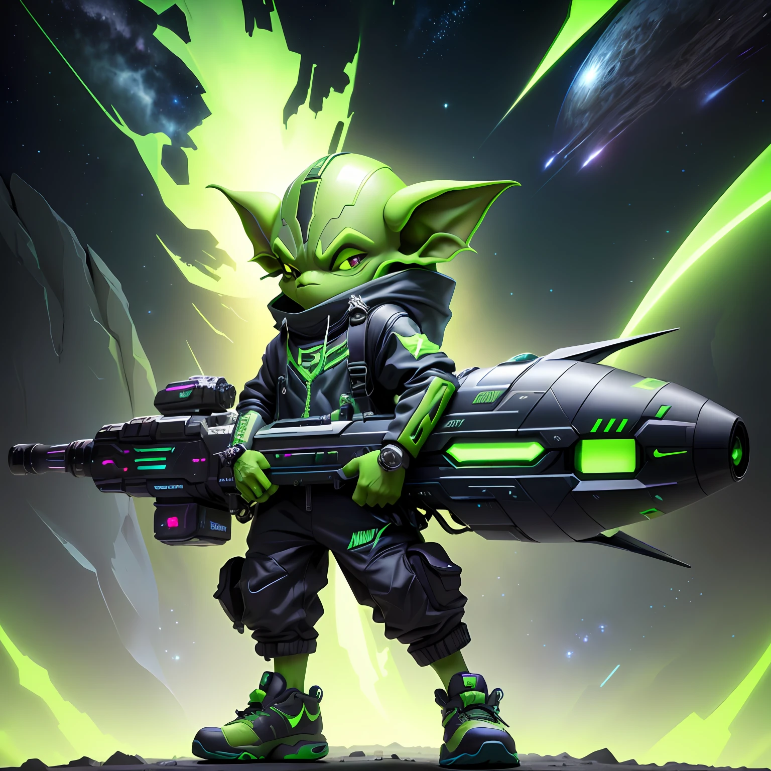 A rapper goblin green, With futuristic space nike and carrying mechanical space weapon, com um universo explodindo colorido ao fundo. Pixar Animation, funky blind box, OC render, Ray-tracing, alta qualidade, alto detalhe, alta resolução, 8k, tamanho do busto