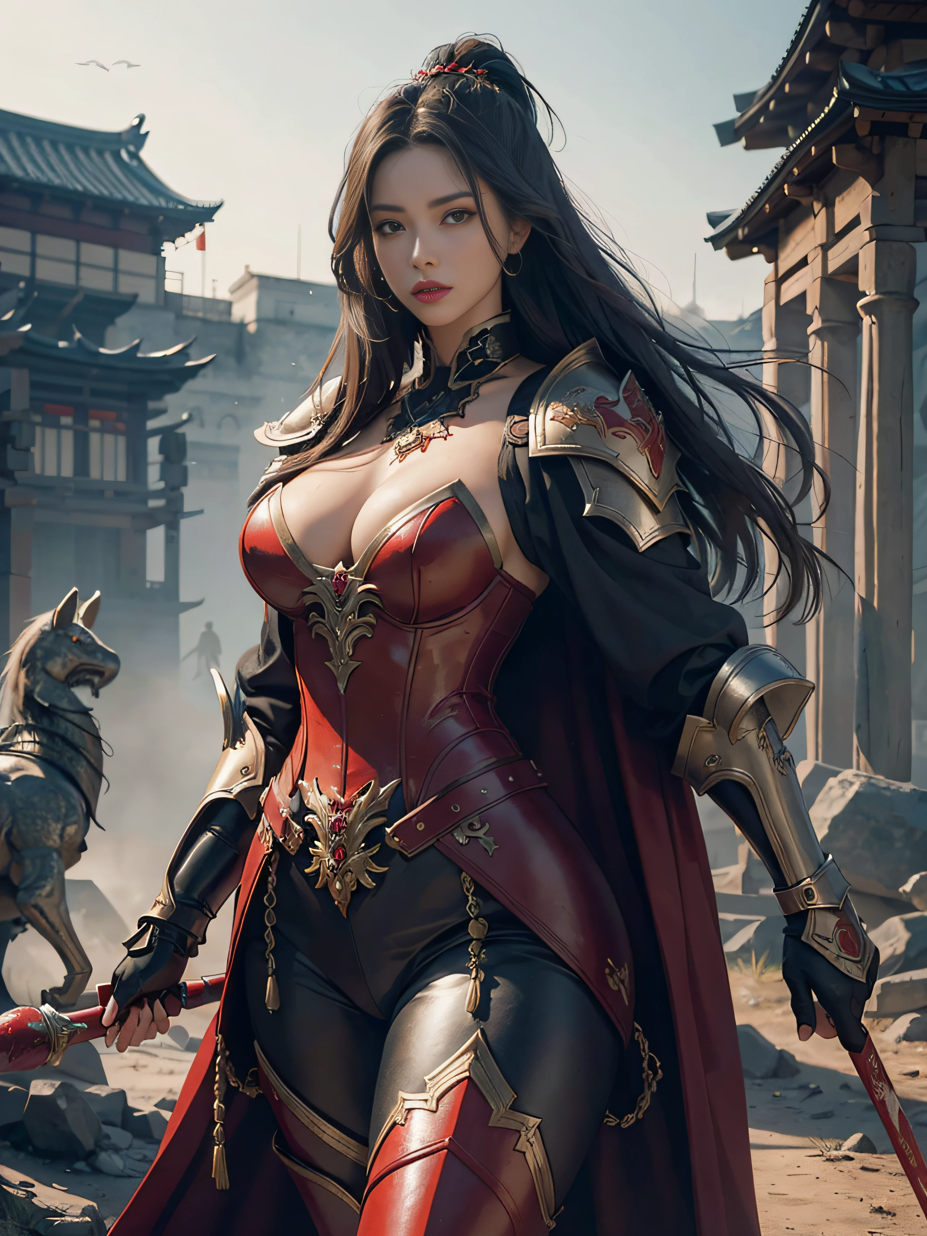 tmasterpiece,A high resolution,Absolutely beautiful,a mature female,Fine and detailed eyes and detailed face,Tall and tall,She wears armor,Full coverage armor,Armor pants,Armor boots,Show the armor look、Shogun, allure:(Tall:1.4),haughty,Mature temperament,Ruby eyes,Apply blood-red lipstick to your lips,(Wide buttock:1.4),(Thick thighs:1.4),Majesty,Rich scene detail,In the midst of the war,are standing,action