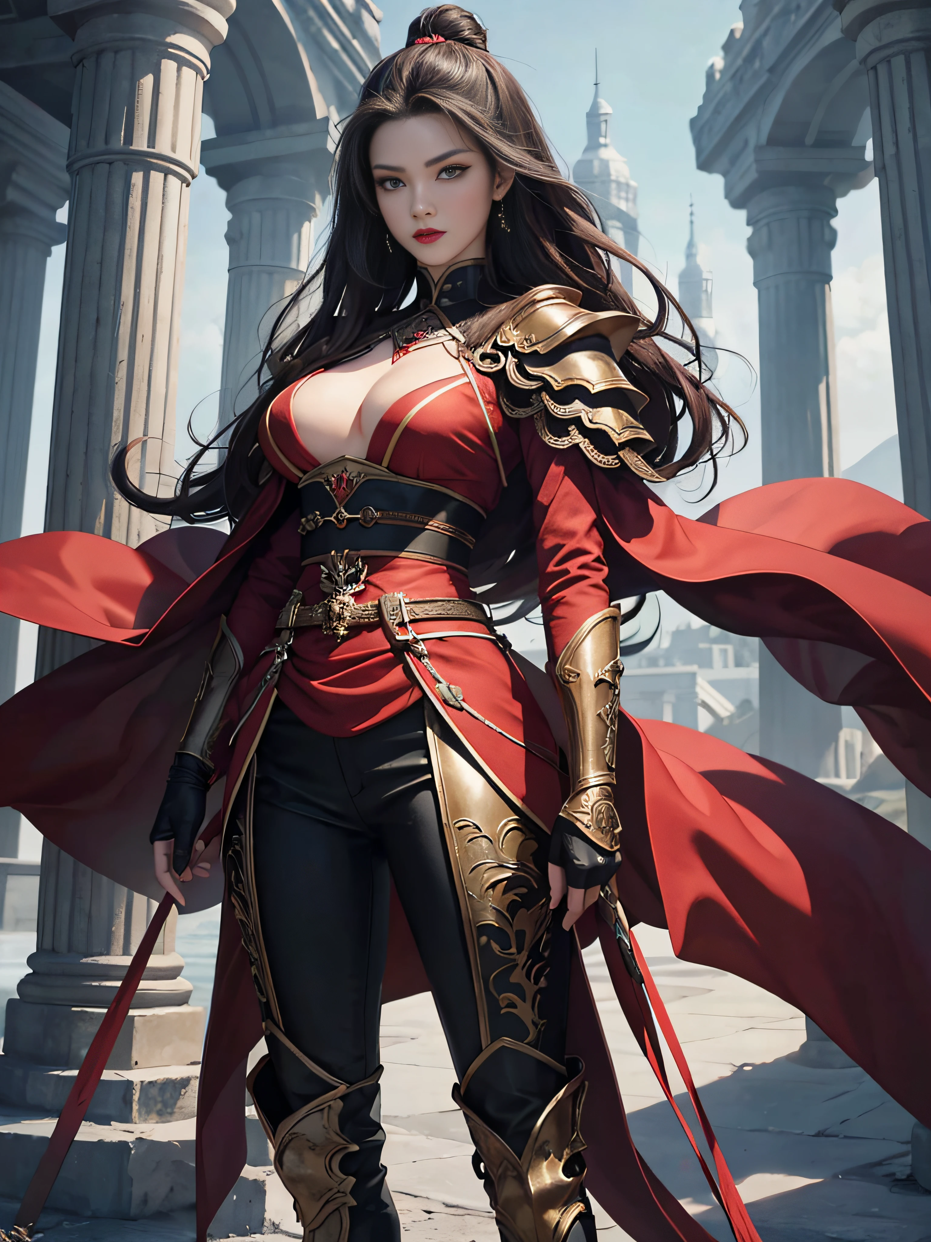 tmasterpiece,A high resolution,Absolutely beautiful,a mature female,Fine and detailed eyes and detailed face,Tall and tall,She wears armor,Full coverage armor,Armor pants,Armor boots,Show the armor look、Shogun, allure:(Tall:1.4),haughty,Mature temperament,Ruby eyes,Apply blood-red lipstick to your lips,(Wide buttock:1.4),(Thick thighs:1.4),Majesty,Rich scene detail,In the midst of the war,are standing,action