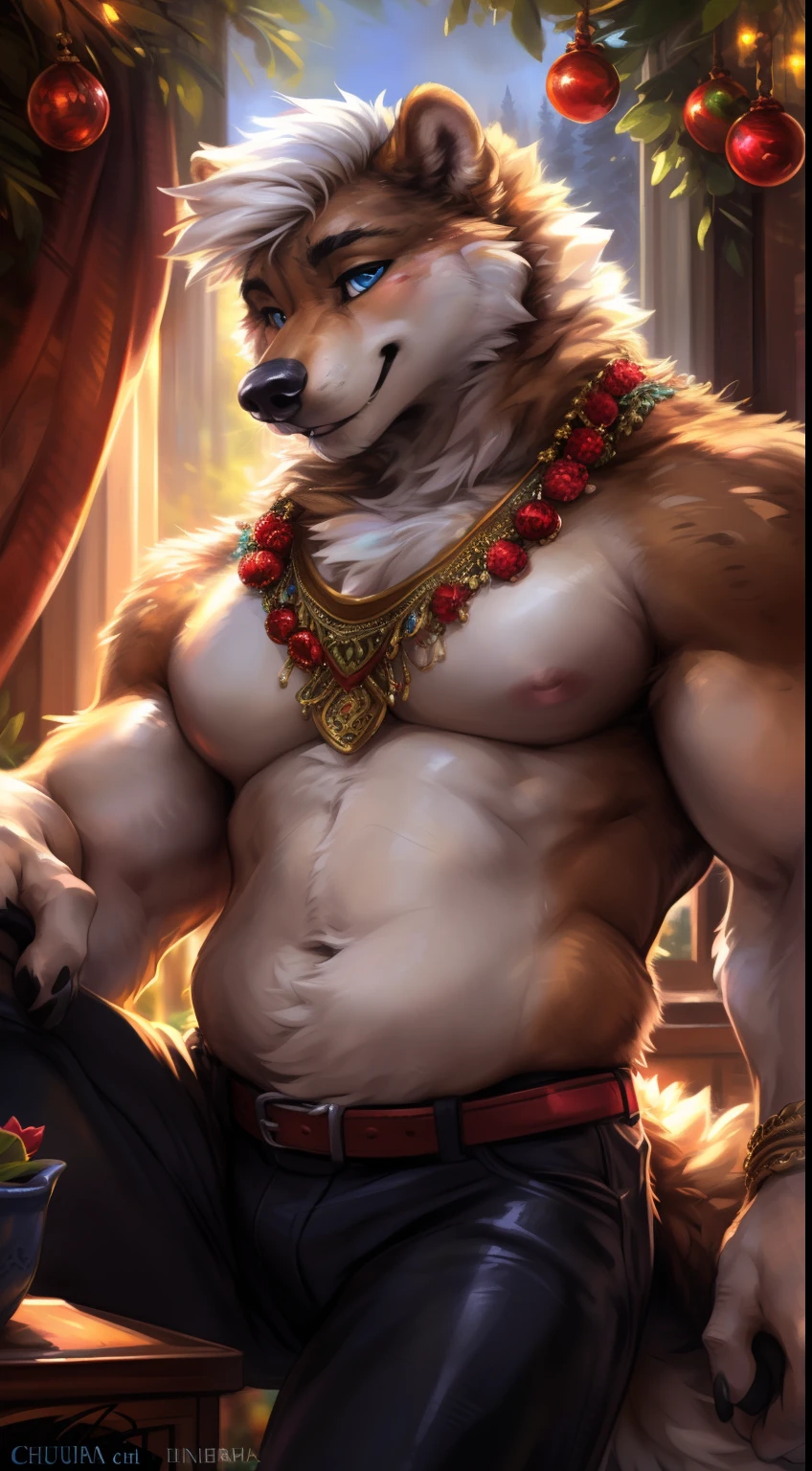 (author：Hioshiro and Kenket and Dimwitdog, Michael &amp; Inessa Garmash, ruanjia, pino daeni, Chunie), Solo, anthro, Male, (white bear), ((intricate detail fluffy fur texture)), Short white mane, pinup, (Blue eyes) , Blue thick eyebrows，Pink breast cluster, ((wears)), digigrade, (Tail), Handsome, Cinematic, Solo, (large muscle), (shaded), (Detailed eyes):1.2, ((busts)), Fat body，Sensual，musculature，Shirtless，Black leather pants，red waistband，National ornaments，blush