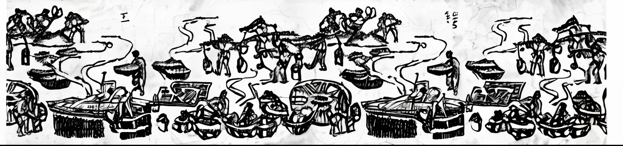 A group of people are drawn in the picture,And a horse, historical image, Carefully crafted illustrations, market setting, full page illustration, Line vignette illustration, , Chinese village, Chinese-style artwork.Make a step-by-step diagram of winemaking techniques,There is also a scene of harvesting wheat in autumn
